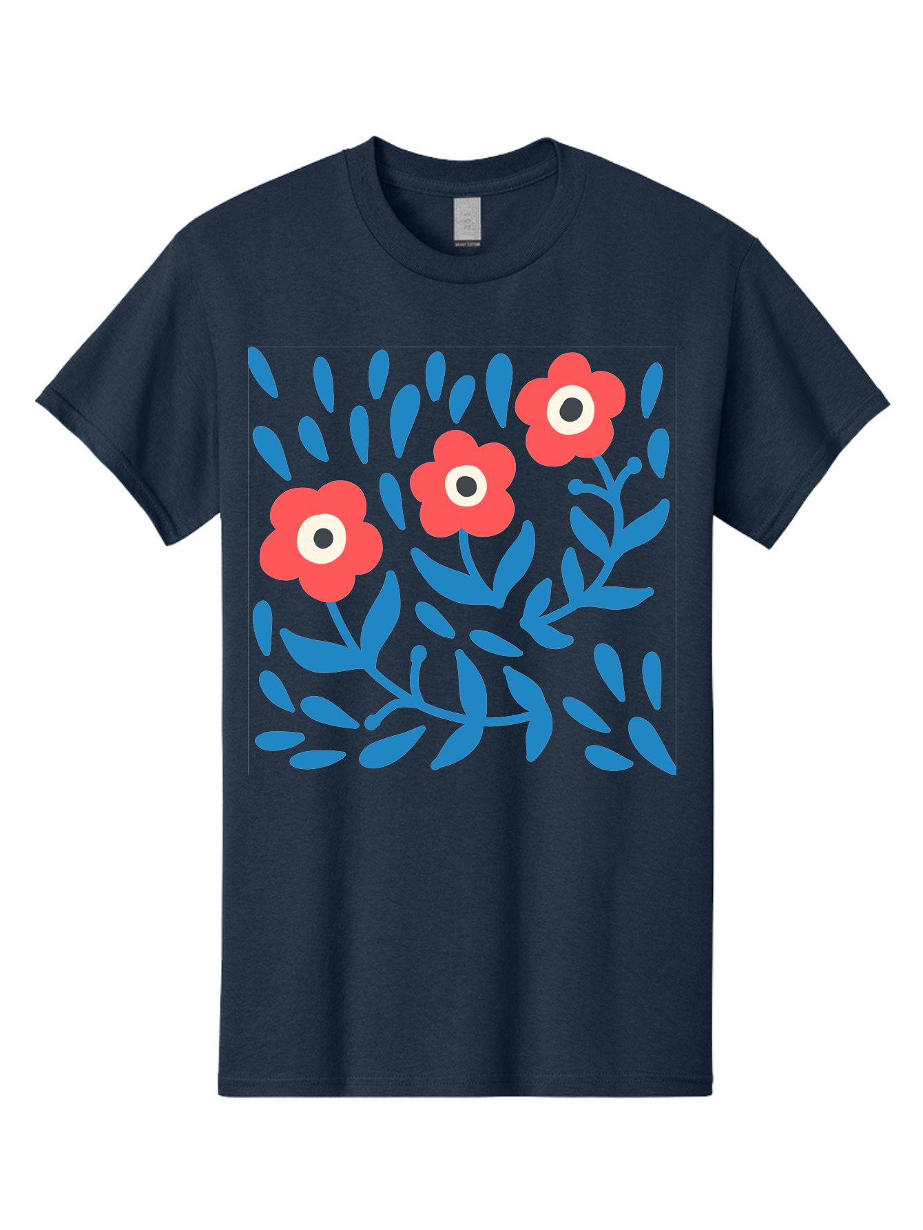 Three-Red-Flowers-1 Men'S Graphic Tee, 100% Cotton, Comfortable Casual Summer Wear, Machine Washable, Red Flowers, Blue Leaves, Floral Pattern, Abstract Design, Vibrant Colors, Whimsical Art, Playful Graphics, Folk Art Style Aab803 19