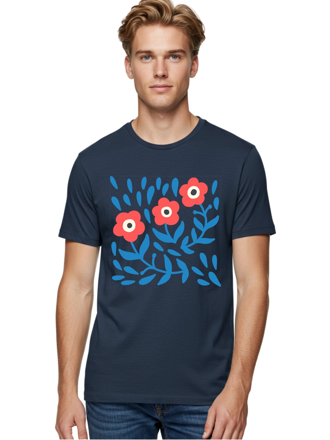 Three-Red-Flowers-1 Men'S Graphic Tee, 100% Cotton, Comfortable Casual Summer Wear, Machine Washable, Red Flowers, Blue Leaves, Floral Pattern, Abstract Design, Vibrant Colors, Whimsical Art, Playful Graphics, Folk Art Style Aab803 21