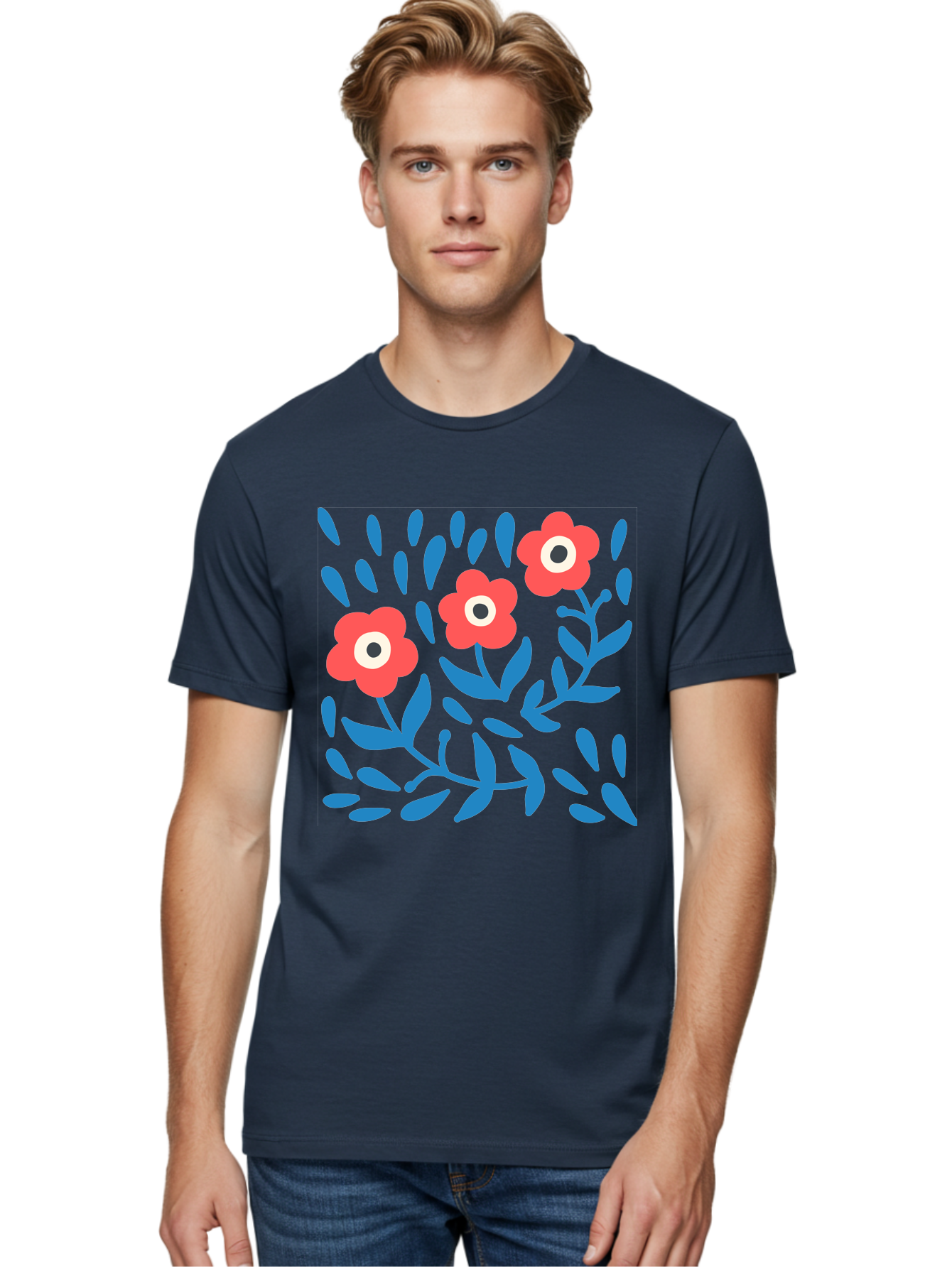 Three-Red-Flowers-1 Men'S Graphic Tee, 100% Cotton, Comfortable Casual Summer Wear, Machine Washable, Red Flowers, Blue Leaves, Floral Pattern, Abstract Design, Vibrant Colors, Whimsical Art, Playful Graphics, Folk Art Style Aab803 20