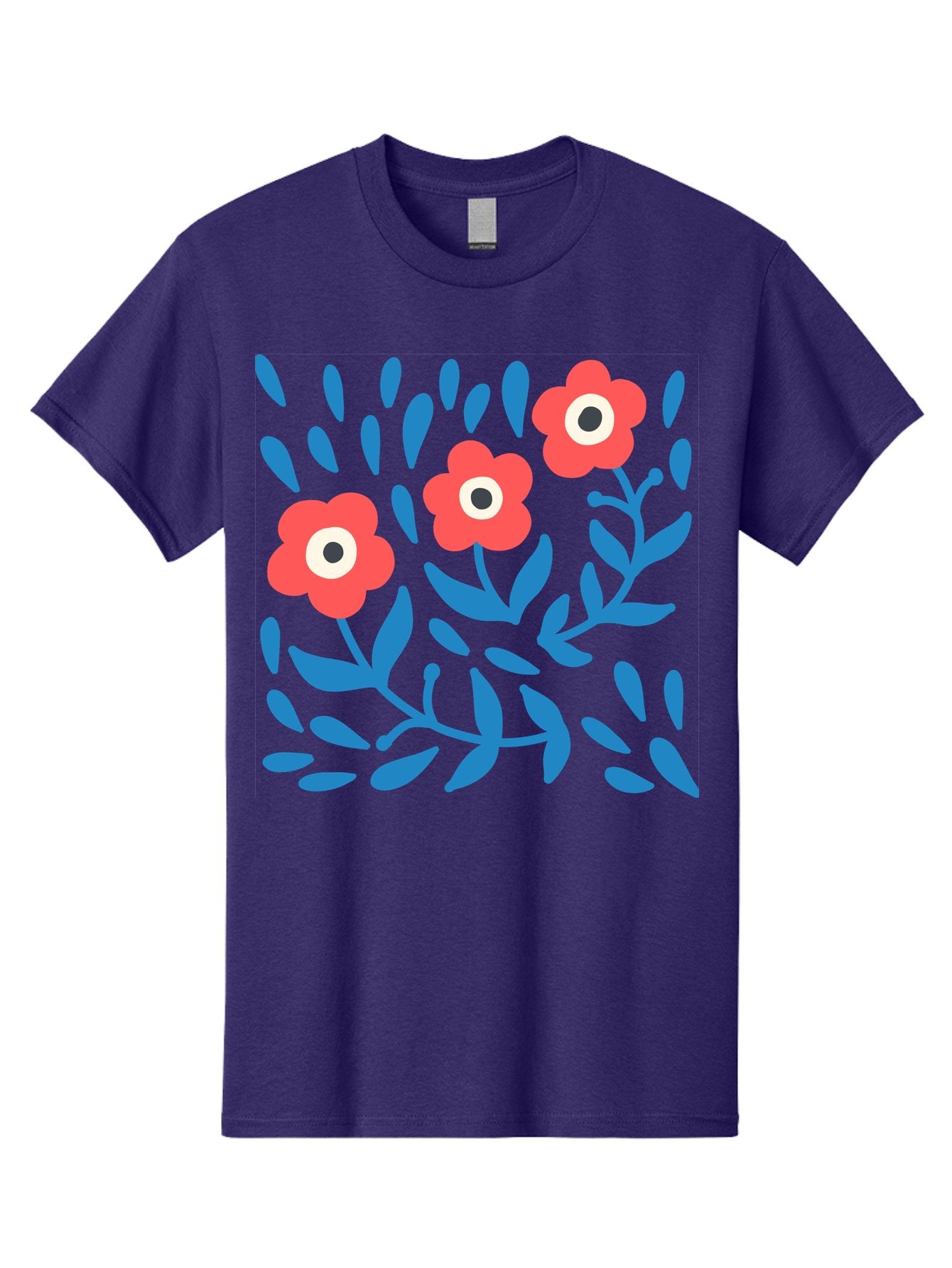 Three-Red-Flowers-1 Men'S Graphic Tee, 100% Cotton, Comfortable Casual Summer Wear, Machine Washable, Red Flowers, Blue Leaves, Floral Pattern, Abstract Design, Vibrant Colors, Whimsical Art, Playful Graphics, Folk Art Style Aab803 9