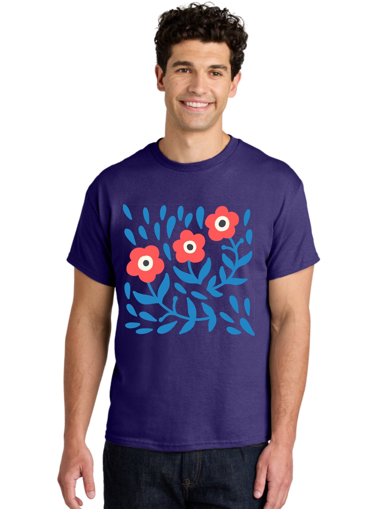 Three-Red-Flowers-1 Men'S Graphic Tee, 100% Cotton, Comfortable Casual Summer Wear, Machine Washable, Red Flowers, Blue Leaves, Floral Pattern, Abstract Design, Vibrant Colors, Whimsical Art, Playful Graphics, Folk Art Style Aab803 26