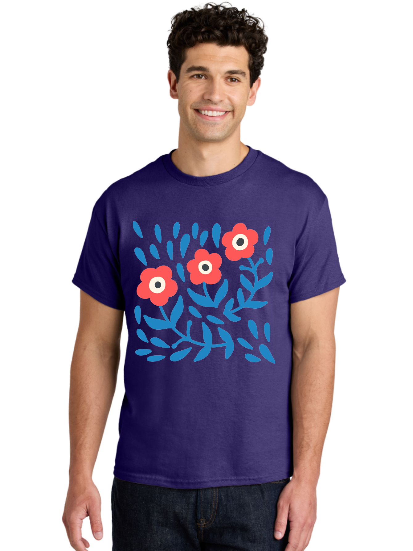 Three-Red-Flowers-1 Men'S Graphic Tee, 100% Cotton, Comfortable Casual Summer Wear, Machine Washable, Red Flowers, Blue Leaves, Floral Pattern, Abstract Design, Vibrant Colors, Whimsical Art, Playful Graphics, Folk Art Style Aab803 10