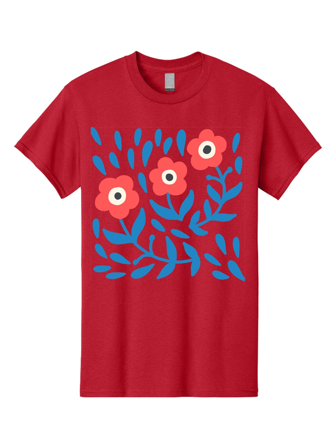 Three-Red-Flowers-1 Men'S Graphic Tee, 100% Cotton, Comfortable Casual Summer Wear, Machine Washable, Red Flowers, Blue Leaves, Floral Pattern, Abstract Design, Vibrant Colors, Whimsical Art, Playful Graphics, Folk Art Style Aab803 5