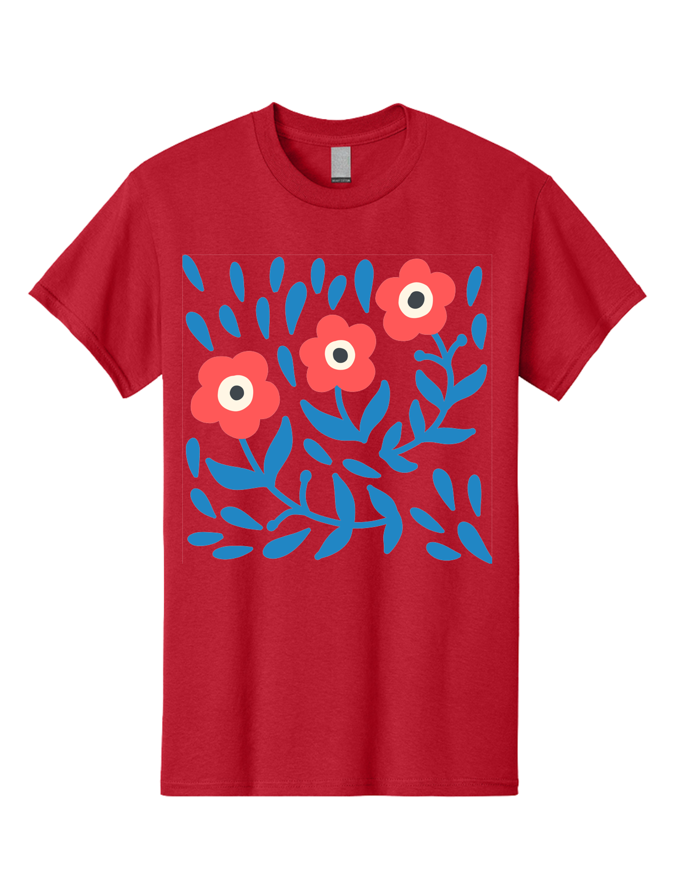 Three-Red-Flowers-1 Men'S Graphic Tee, 100% Cotton, Comfortable Casual Summer Wear, Machine Washable, Red Flowers, Blue Leaves, Floral Pattern, Abstract Design, Vibrant Colors, Whimsical Art, Playful Graphics, Folk Art Style Aab803 15