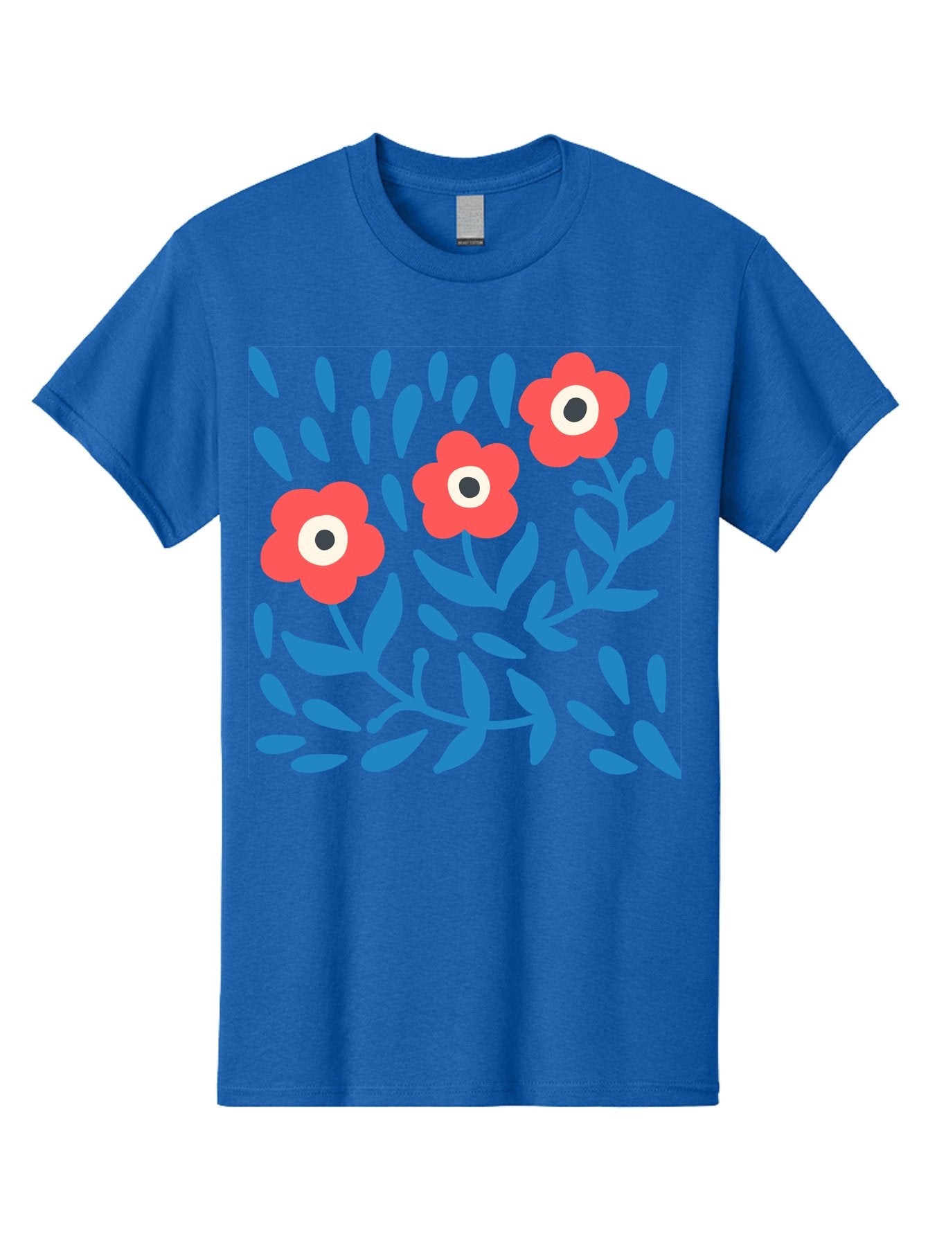 Three-Red-Flowers-1 Men'S Graphic Tee, 100% Cotton, Comfortable Casual Summer Wear, Machine Washable, Red Flowers, Blue Leaves, Floral Pattern, Abstract Design, Vibrant Colors, Whimsical Art, Playful Graphics, Folk Art Style Aab803 11