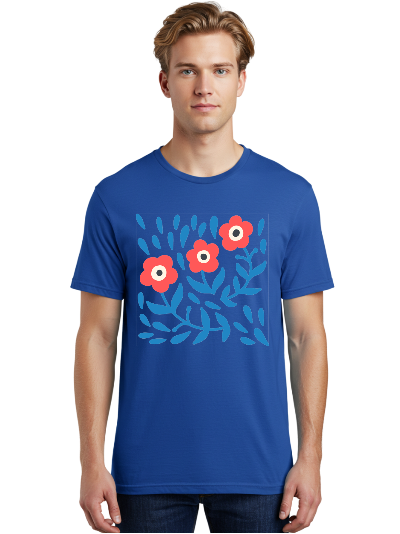 Three-Red-Flowers-1 Men'S Graphic Tee, 100% Cotton, Comfortable Casual Summer Wear, Machine Washable, Red Flowers, Blue Leaves, Floral Pattern, Abstract Design, Vibrant Colors, Whimsical Art, Playful Graphics, Folk Art Style Aab803 8