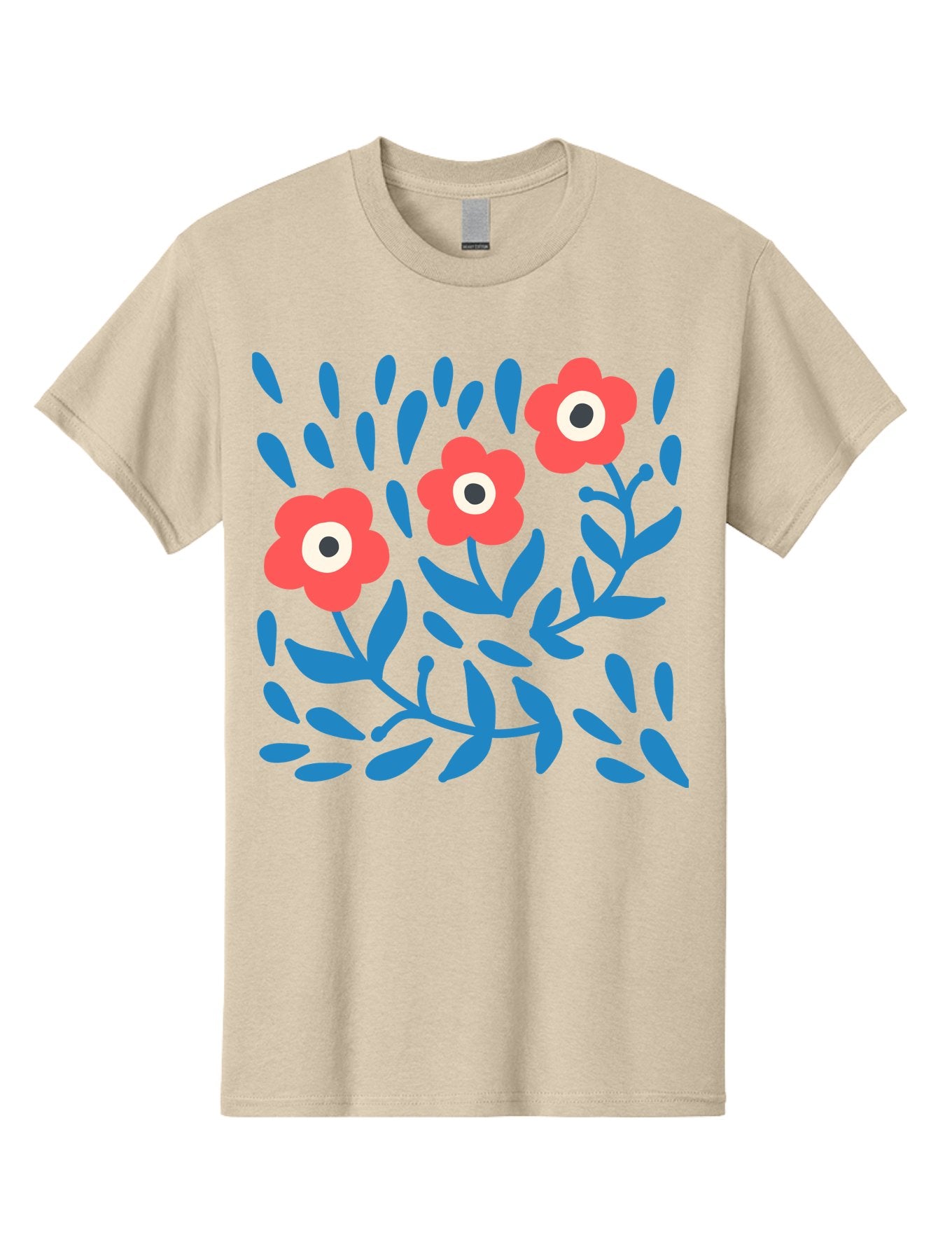 Three-Red-Flowers-1 Men'S Graphic Tee, 100% Cotton, Comfortable Casual Summer Wear, Machine Washable, Red Flowers, Blue Leaves, Floral Pattern, Abstract Design, Vibrant Colors, Whimsical Art, Playful Graphics, Folk Art Style Aab803 13