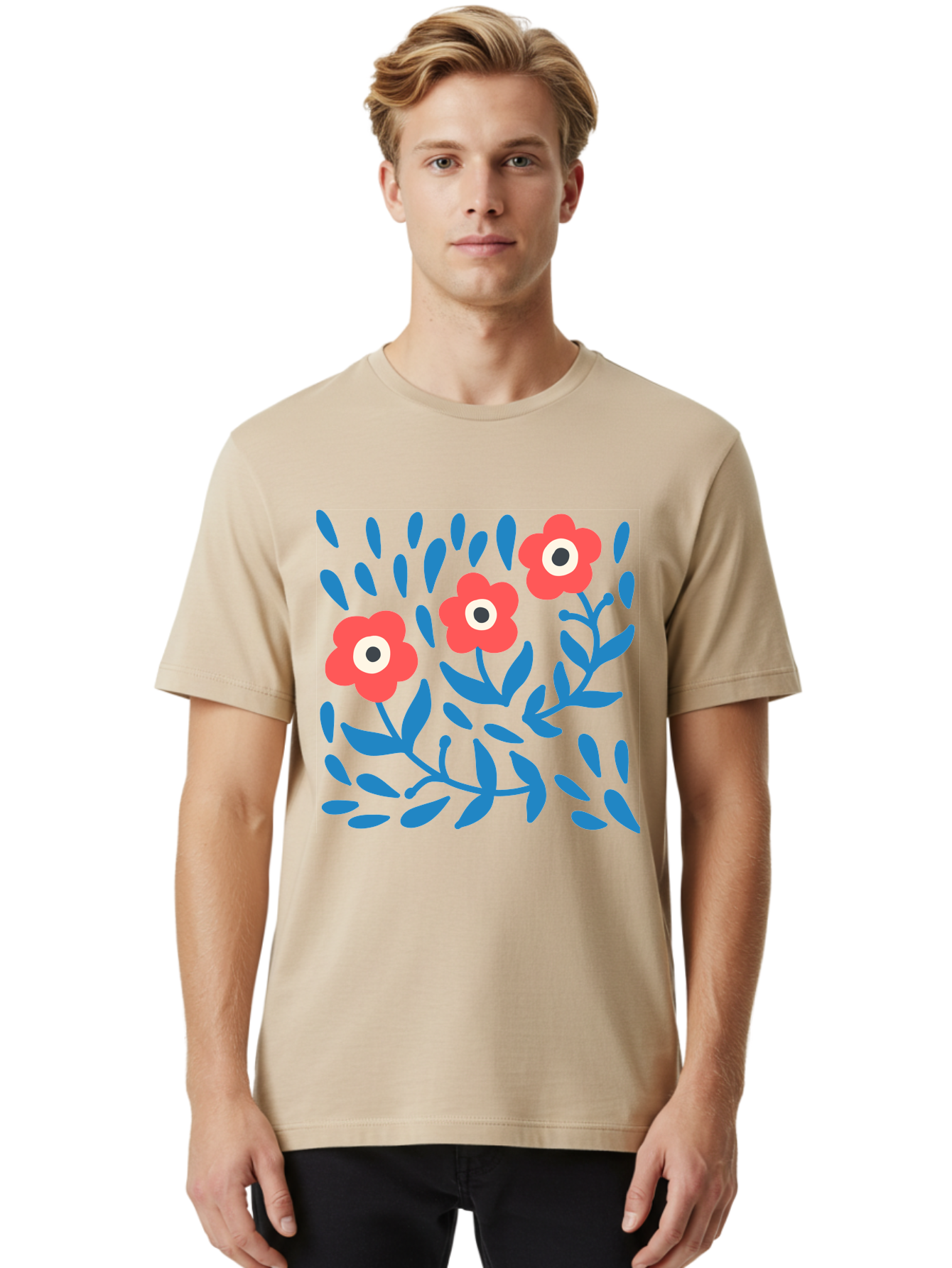 Three-Red-Flowers-1 Men'S Graphic Tee, 100% Cotton, Comfortable Casual Summer Wear, Machine Washable, Red Flowers, Blue Leaves, Floral Pattern, Abstract Design, Vibrant Colors, Whimsical Art, Playful Graphics, Folk Art Style Aab803 30