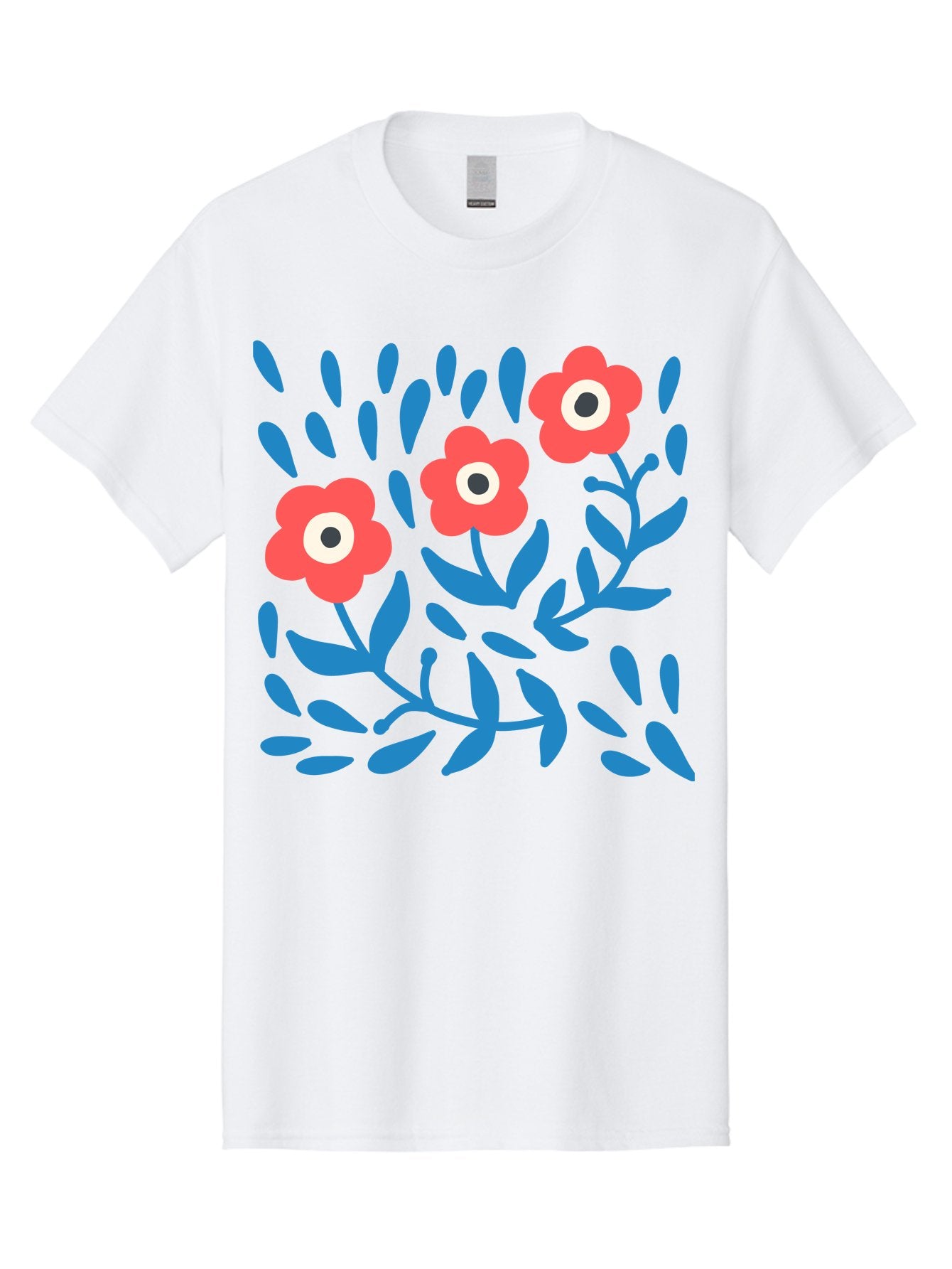 Three-Red-Flowers-1 Men'S Graphic Tee, 100% Cotton, Comfortable Casual Summer Wear, Machine Washable, Red Flowers, Blue Leaves, Floral Pattern, Abstract Design, Vibrant Colors, Whimsical Art, Playful Graphics, Folk Art Style Aab803 3