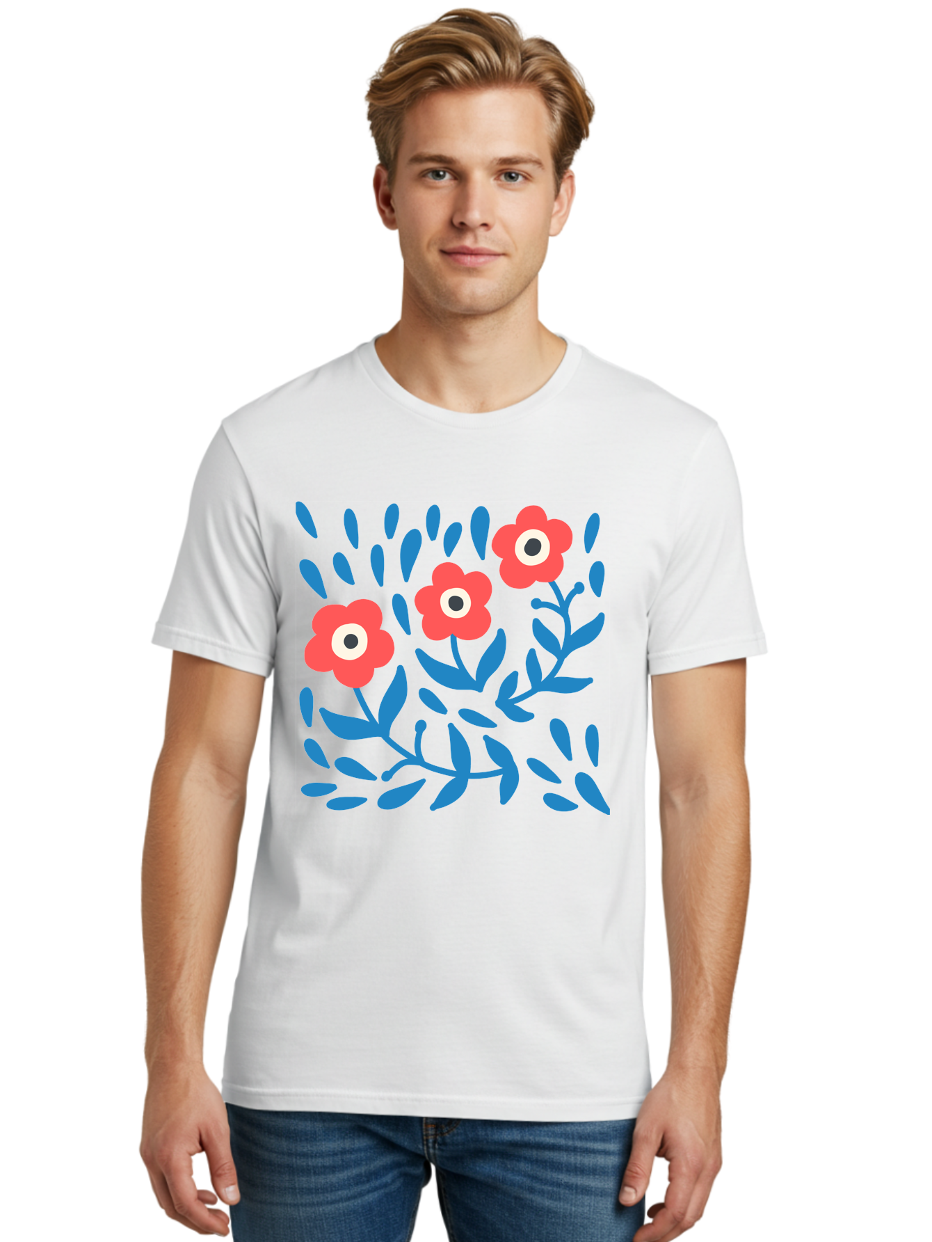 Three-Red-Flowers-1 Men'S Graphic Tee, 100% Cotton, Comfortable Casual Summer Wear, Machine Washable, Red Flowers, Blue Leaves, Floral Pattern, Abstract Design, Vibrant Colors, Whimsical Art, Playful Graphics, Folk Art Style Aab803 18