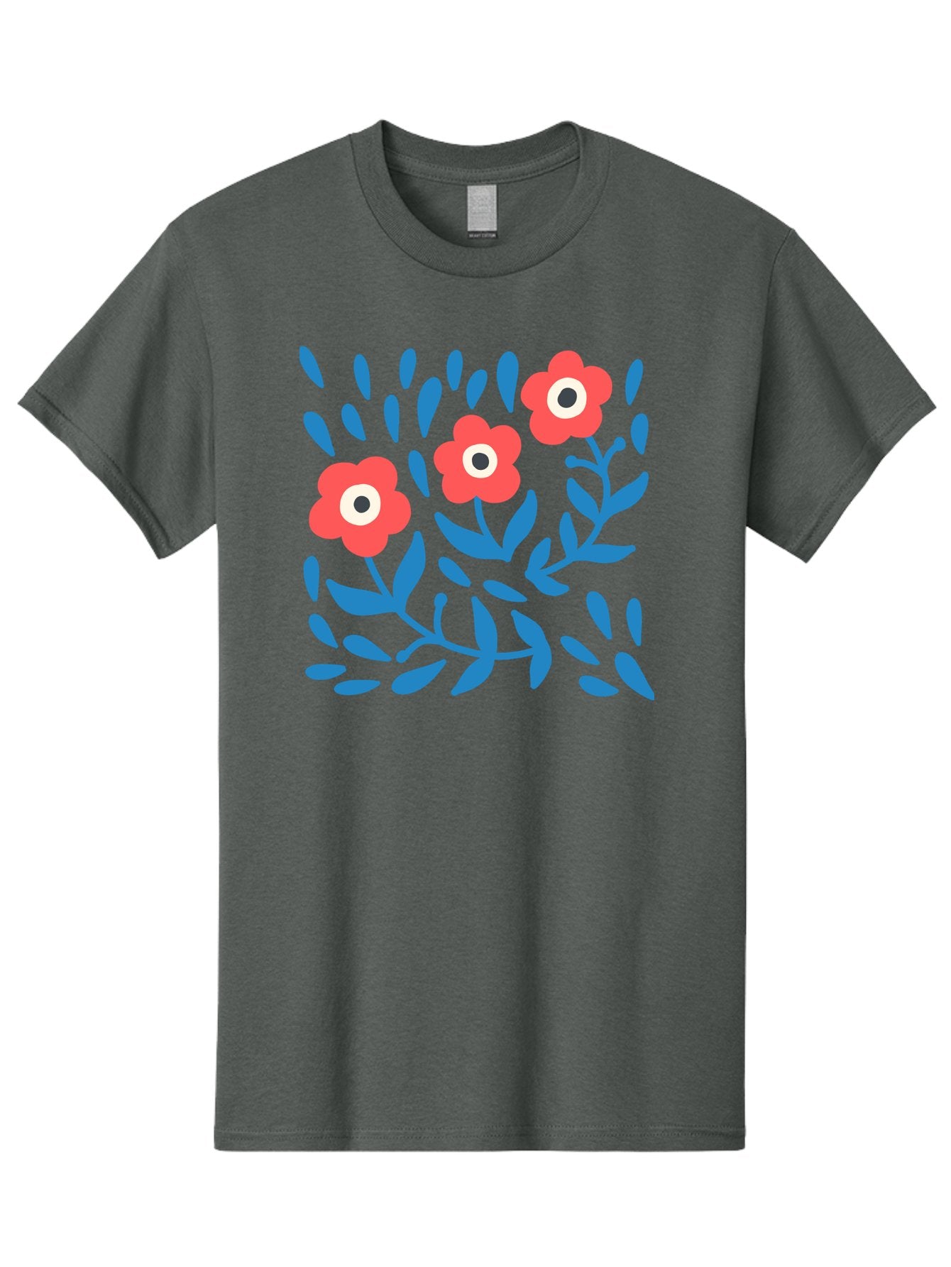 Three-Red-Flowers Men'S Graphic Tee, 100% Cotton, Comfortable Casual Summer Wear, Machine Washable, Red Flowers, Blue Leaves, Floral Pattern, Abstract Design, Minimalist Art, Vibrant Colors, Playful Style, Whimsical Illustration, Spring Theme, Aab804 7