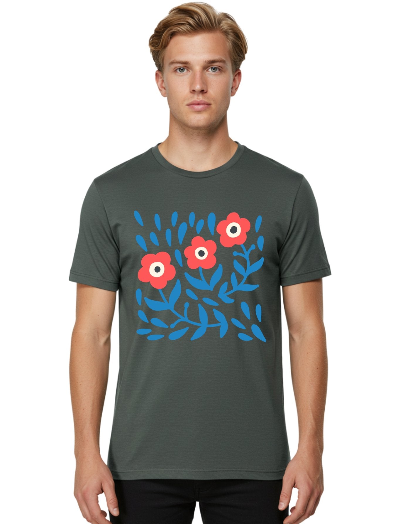 Three-Red-Flowers Men'S Graphic Tee, 100% Cotton, Comfortable Casual Summer Wear, Machine Washable, Red Flowers, Blue Leaves, Floral Pattern, Abstract Design, Minimalist Art, Vibrant Colors, Playful Style, Whimsical Illustration, Spring Theme, Aab804 16