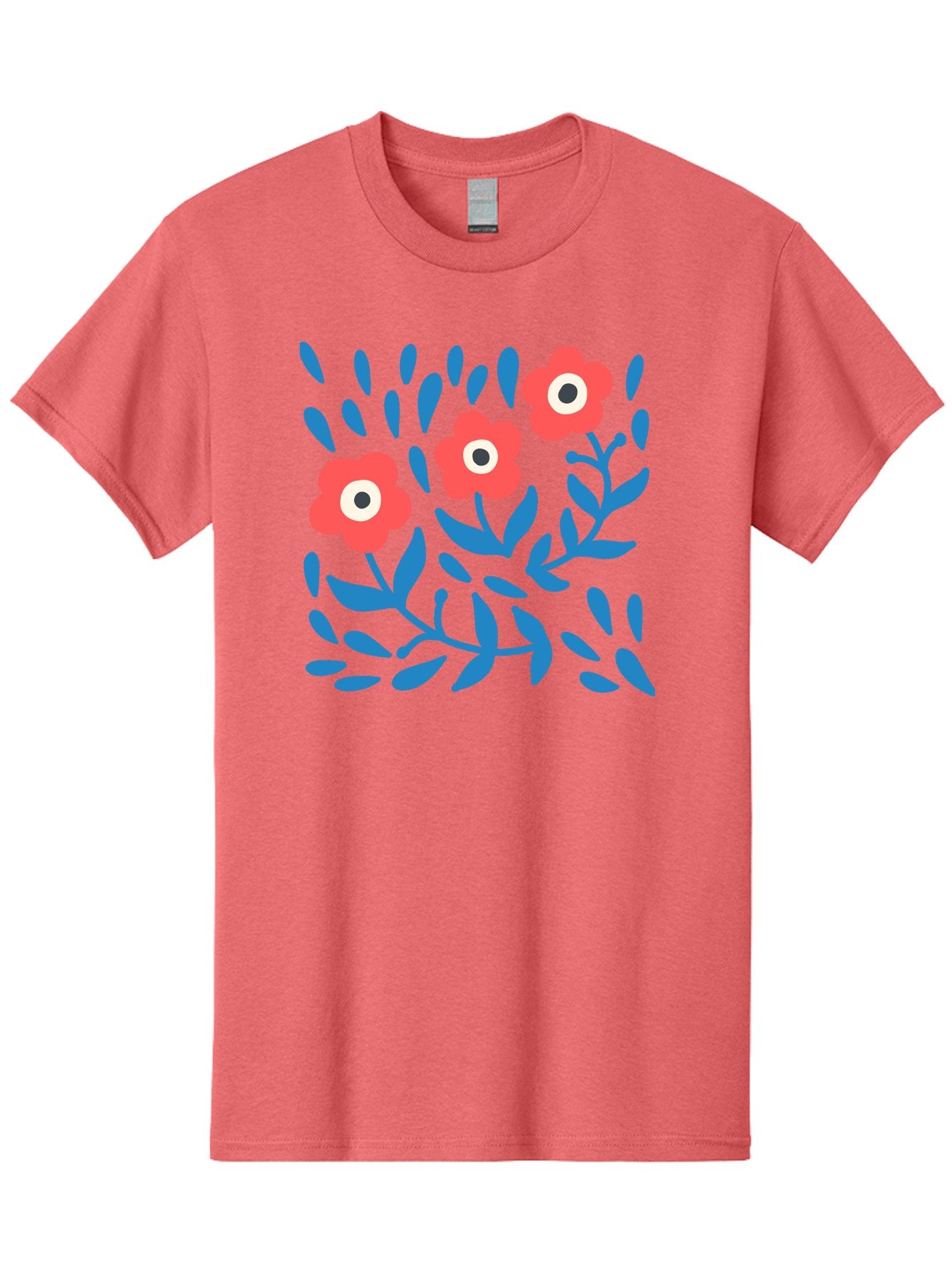 Three-Red-Flowers Men'S Graphic Tee, 100% Cotton, Comfortable Casual Summer Wear, Machine Washable, Red Flowers, Blue Leaves, Floral Pattern, Abstract Design, Minimalist Art, Vibrant Colors, Playful Style, Whimsical Illustration, Spring Theme, Aab804