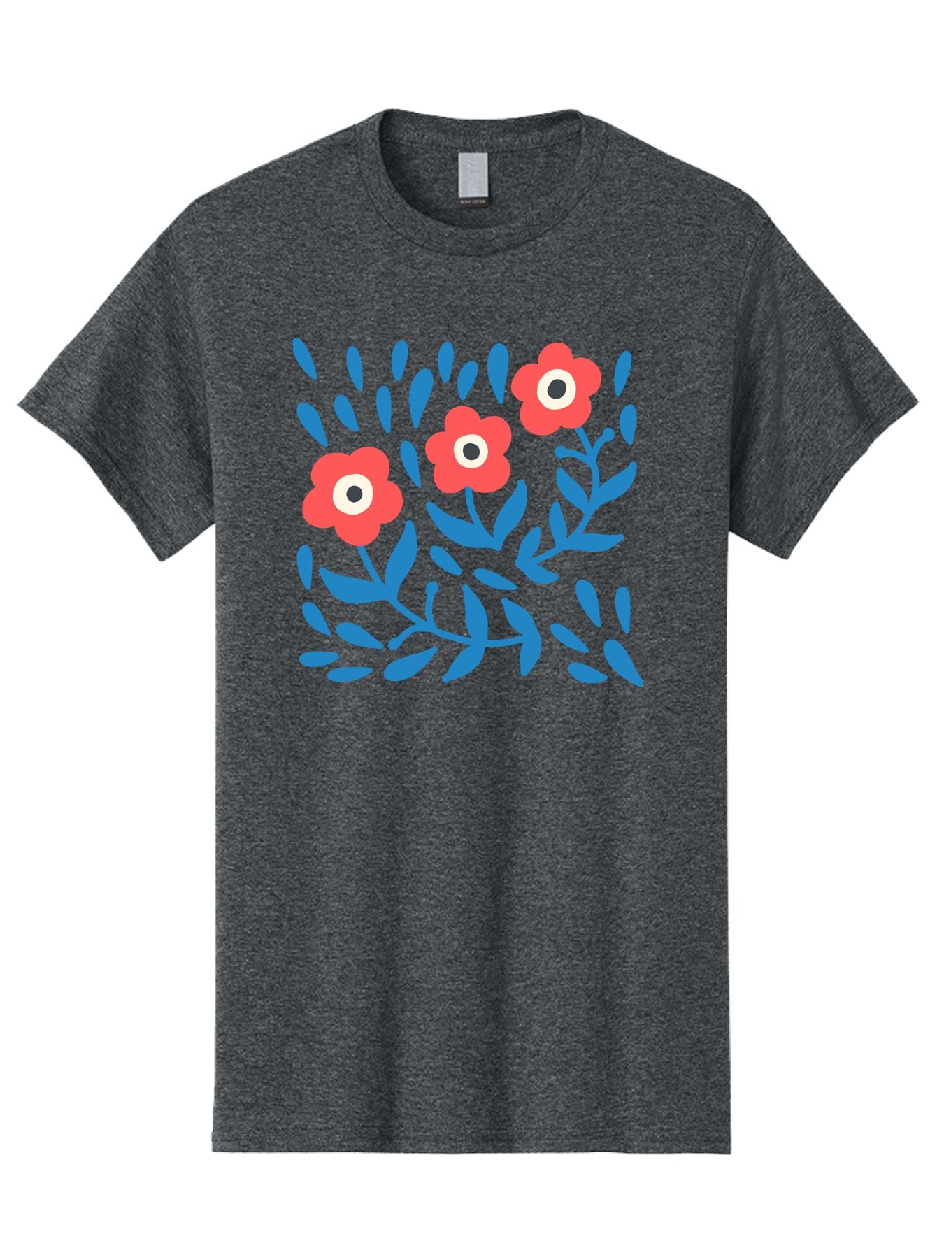 Three-Red-Flowers Men'S Graphic Tee, 100% Cotton, Comfortable Casual Summer Wear, Machine Washable, Red Flowers, Blue Leaves, Floral Pattern, Abstract Design, Minimalist Art, Vibrant Colors, Playful Style, Whimsical Illustration, Spring Theme, Aab804 11