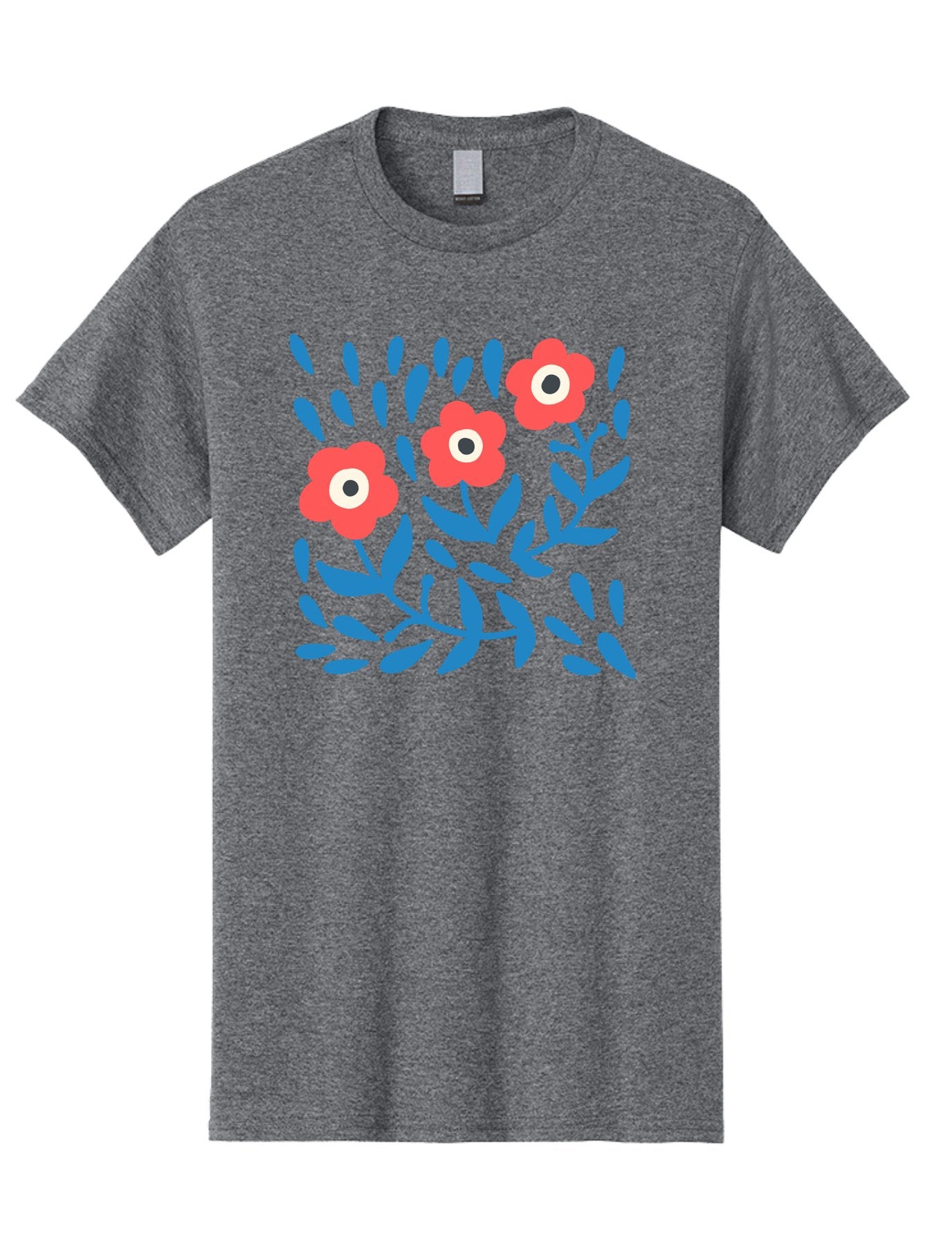 Three-Red-Flowers Men'S Graphic Tee, 100% Cotton, Comfortable Casual Summer Wear, Machine Washable, Red Flowers, Blue Leaves, Floral Pattern, Abstract Design, Minimalist Art, Vibrant Colors, Playful Style, Whimsical Illustration, Spring Theme, Aab804 10