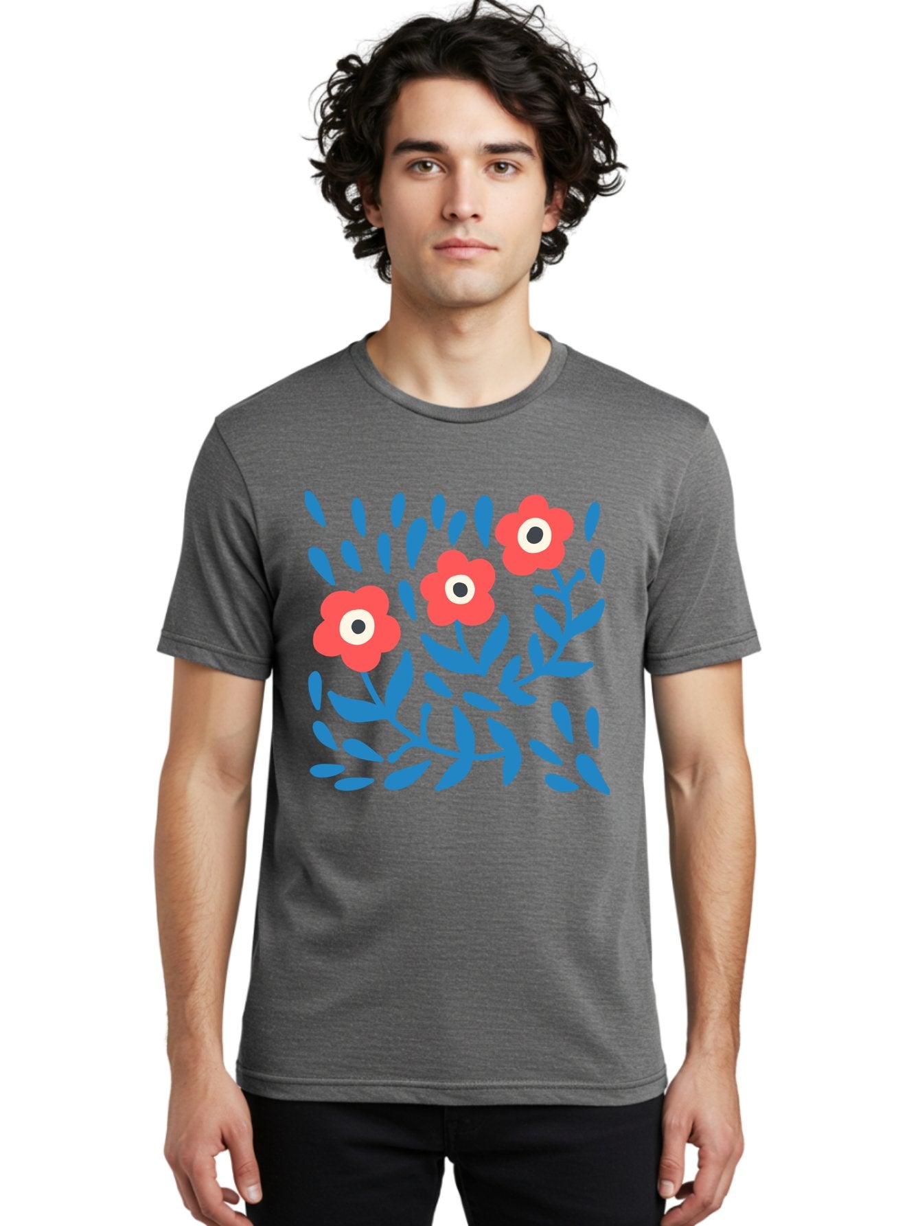 Three-Red-Flowers Men'S Graphic Tee, 100% Cotton, Comfortable Casual Summer Wear, Machine Washable, Red Flowers, Blue Leaves, Floral Pattern, Abstract Design, Minimalist Art, Vibrant Colors, Playful Style, Whimsical Illustration, Spring Theme, Aab804 17