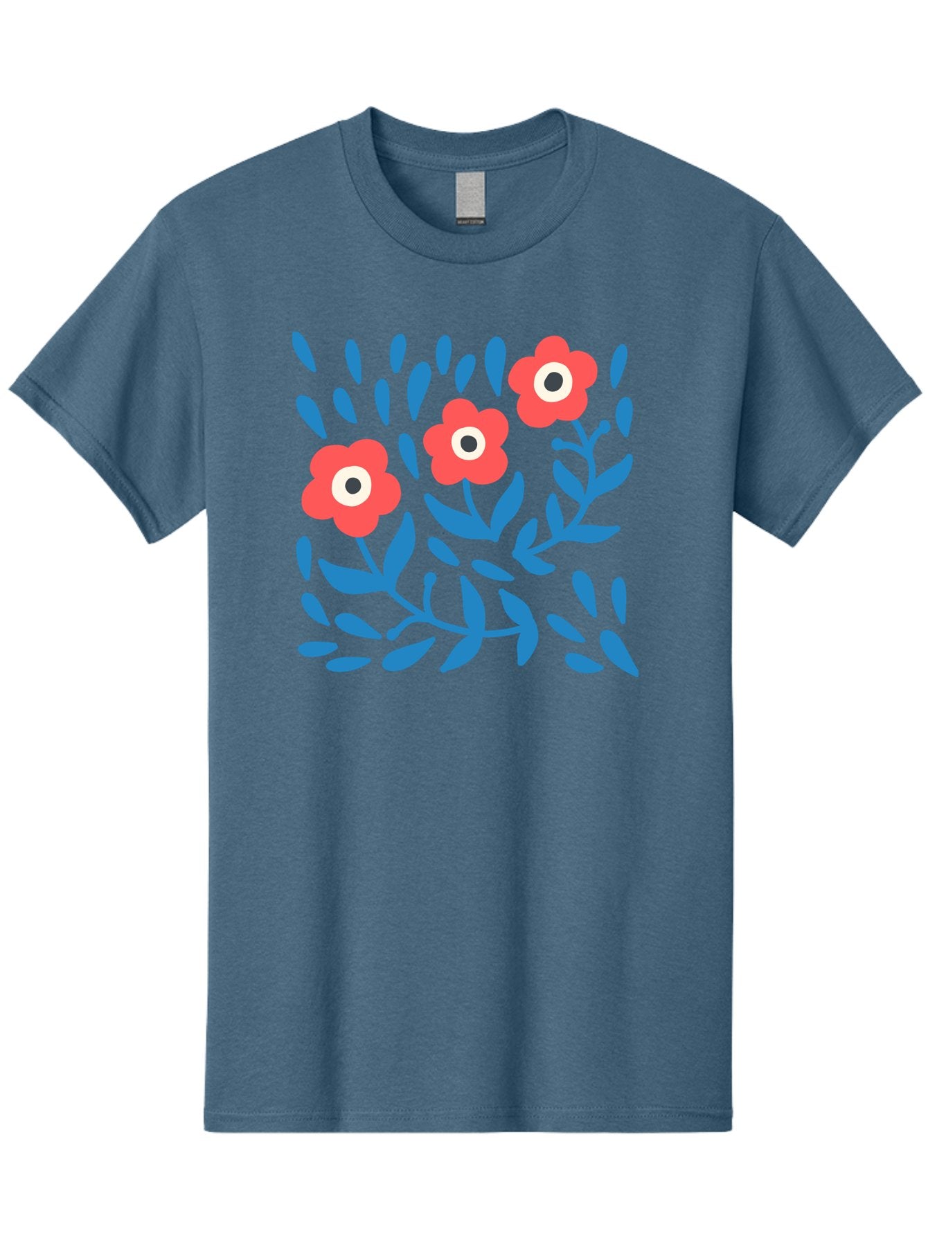 Three-Red-Flowers Men'S Graphic Tee, 100% Cotton, Comfortable Casual Summer Wear, Machine Washable, Red Flowers, Blue Leaves, Floral Pattern, Abstract Design, Minimalist Art, Vibrant Colors, Playful Style, Whimsical Illustration, Spring Theme, Aab804 6