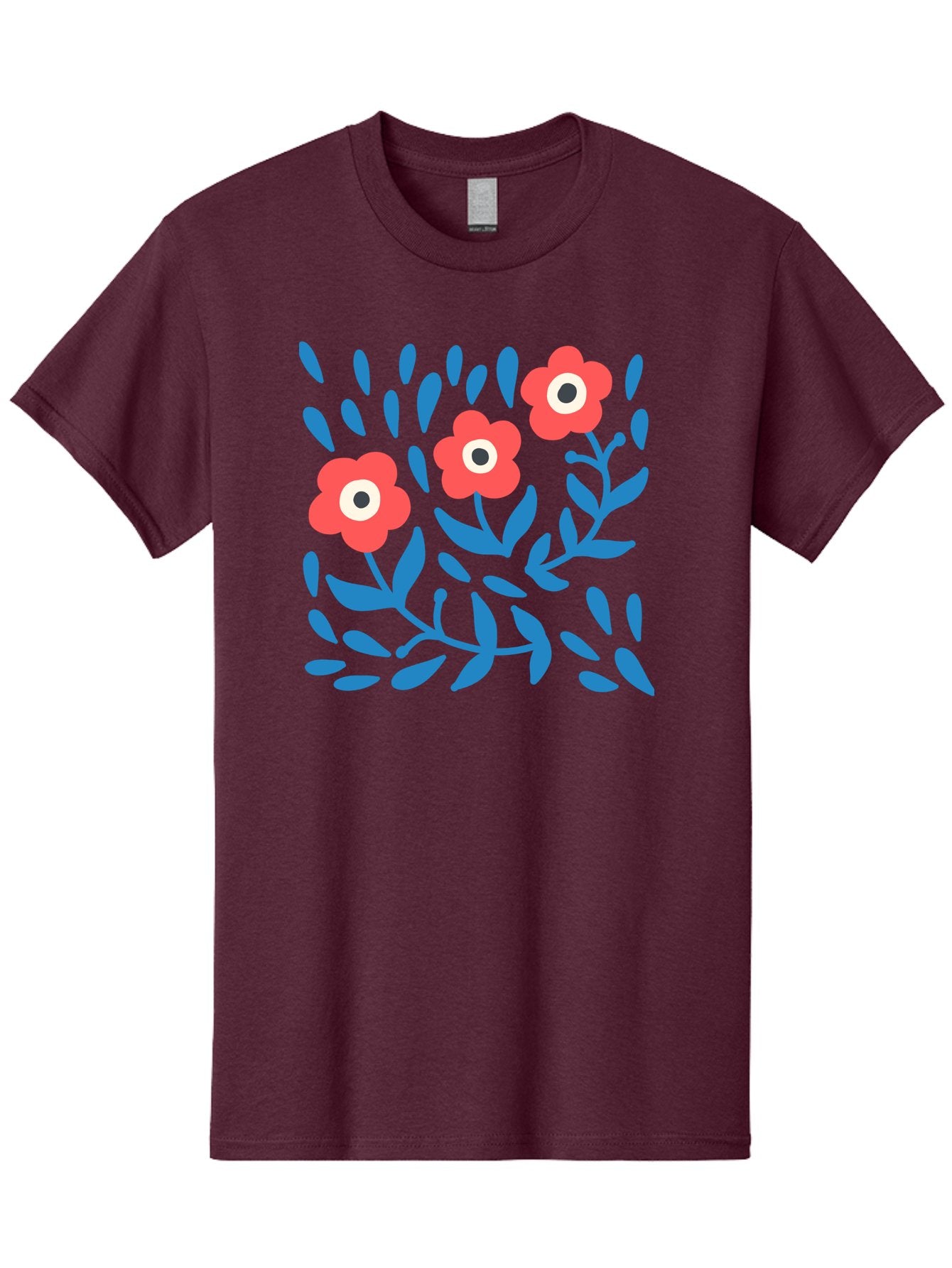 Three-Red-Flowers Men'S Graphic Tee, 100% Cotton, Comfortable Casual Summer Wear, Machine Washable, Red Flowers, Blue Leaves, Floral Pattern, Abstract Design, Minimalist Art, Vibrant Colors, Playful Style, Whimsical Illustration, Spring Theme, Aab804 3