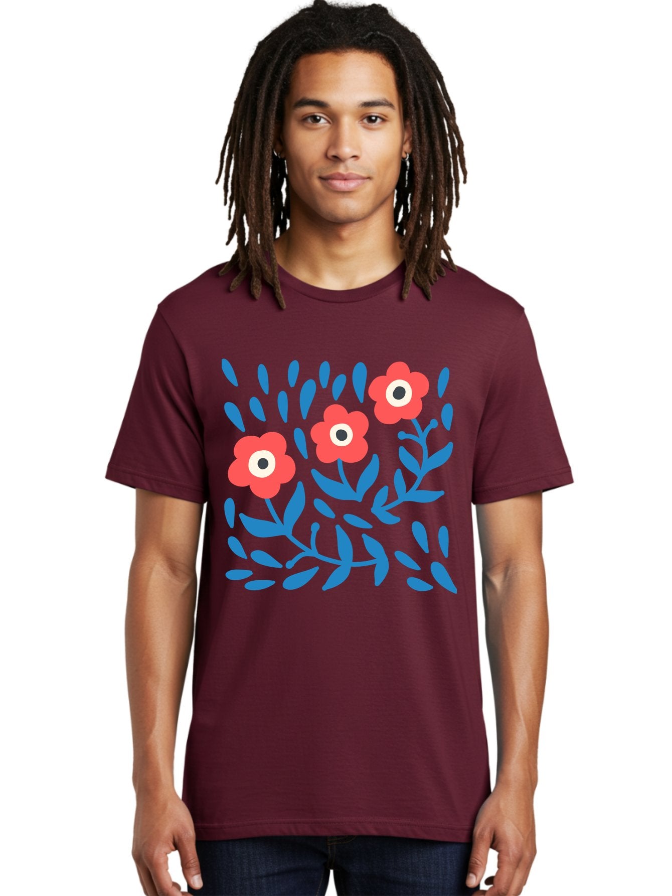 Three-Red-Flowers Men'S Graphic Tee, 100% Cotton, Comfortable Casual Summer Wear, Machine Washable, Red Flowers, Blue Leaves, Floral Pattern, Abstract Design, Minimalist Art, Vibrant Colors, Playful Style, Whimsical Illustration, Spring Theme, Aab804 22
