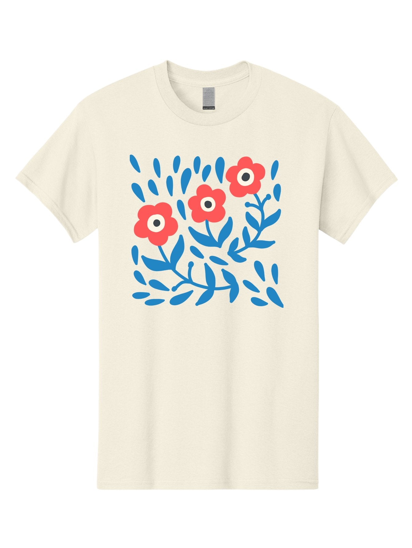 Three-Red-Flowers Men'S Graphic Tee, 100% Cotton, Comfortable Casual Summer Wear, Machine Washable, Red Flowers, Blue Leaves, Floral Pattern, Abstract Design, Minimalist Art, Vibrant Colors, Playful Style, Whimsical Illustration, Spring Theme, Aab804