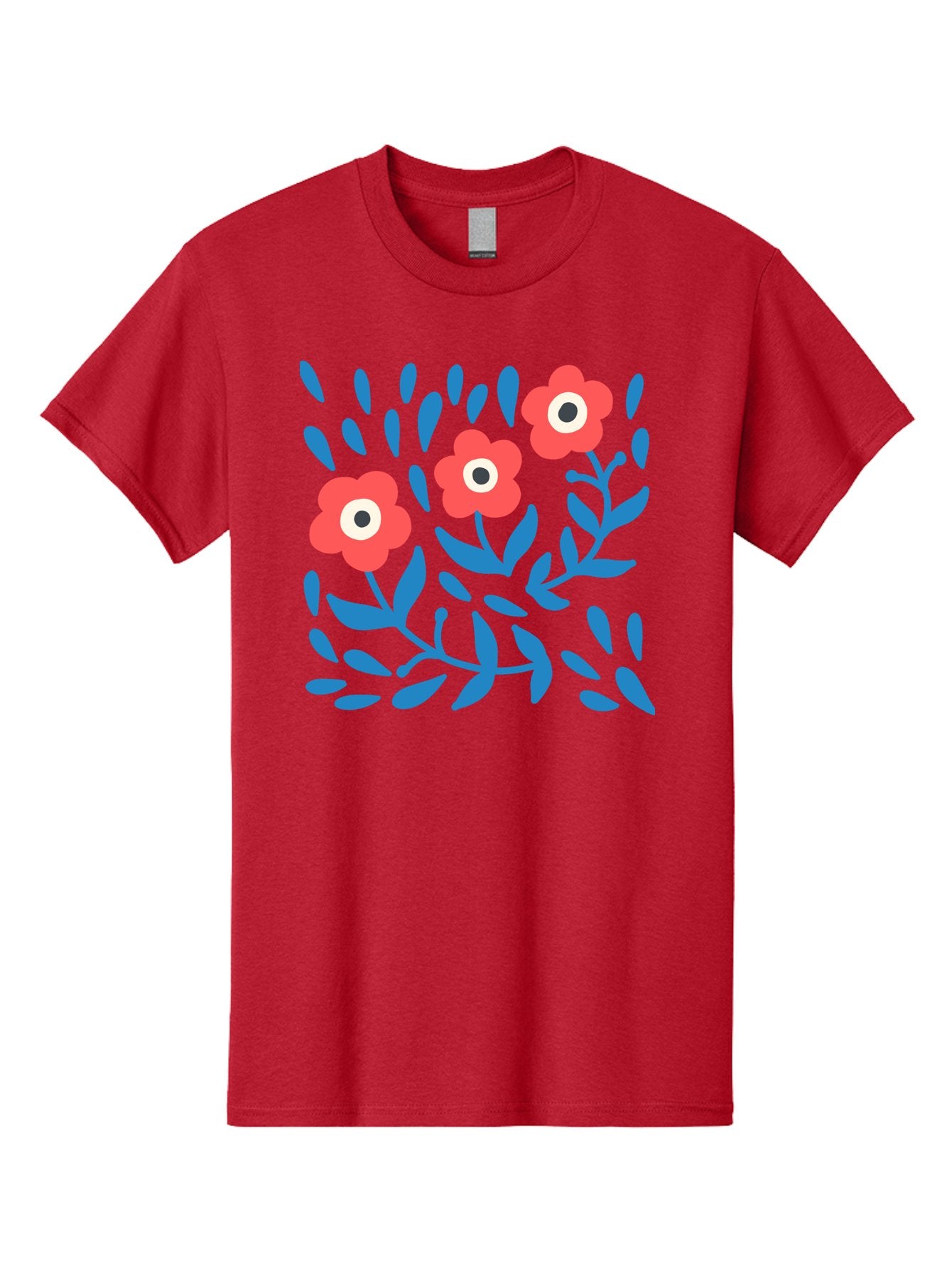 Three-Red-Flowers Men'S Graphic Tee, 100% Cotton, Comfortable Casual Summer Wear, Machine Washable, Red Flowers, Blue Leaves, Floral Pattern, Abstract Design, Minimalist Art, Vibrant Colors, Playful Style, Whimsical Illustration, Spring Theme, Aab804 15