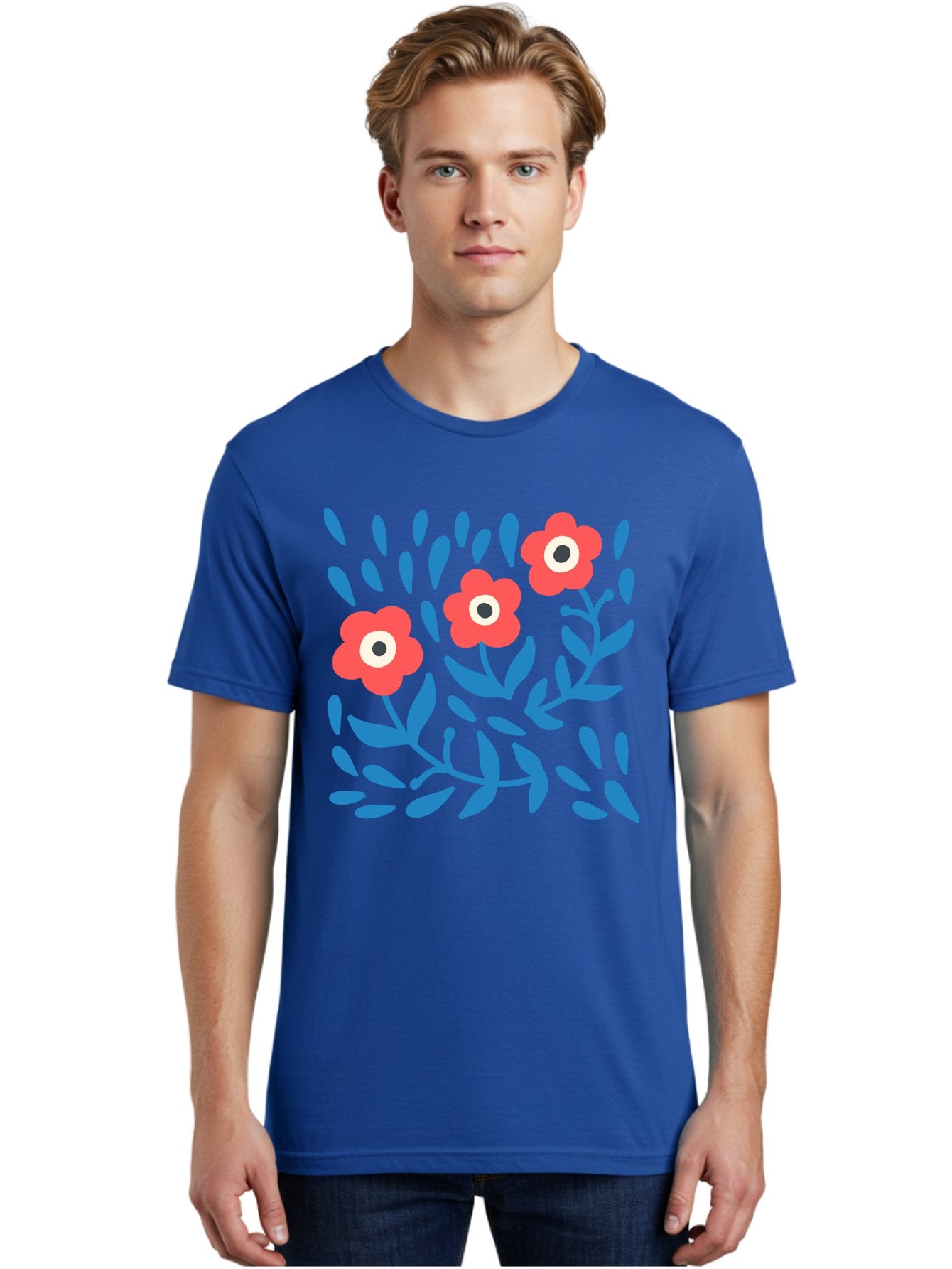 Three-Red-Flowers Men'S Graphic Tee, 100% Cotton, Comfortable Casual Summer Wear, Machine Washable, Red Flowers, Blue Leaves, Floral Pattern, Abstract Design, Minimalist Art, Vibrant Colors, Playful Style, Whimsical Illustration, Spring Theme, Aab804 20