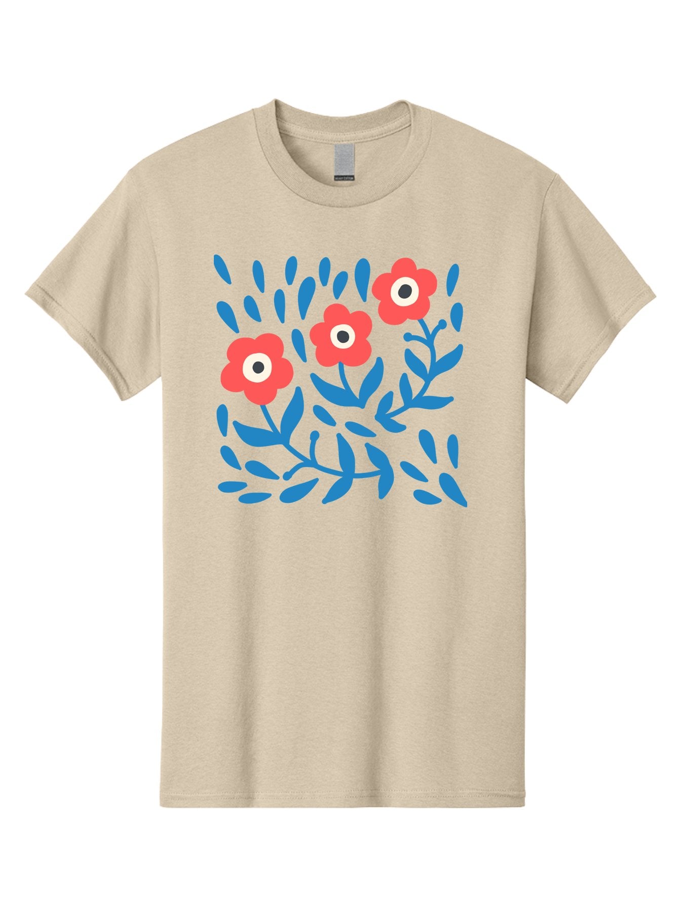 Three-Red-Flowers Men'S Graphic Tee, 100% Cotton, Comfortable Casual Summer Wear, Machine Washable, Red Flowers, Blue Leaves, Floral Pattern, Abstract Design, Minimalist Art, Vibrant Colors, Playful Style, Whimsical Illustration, Spring Theme, Aab804 14