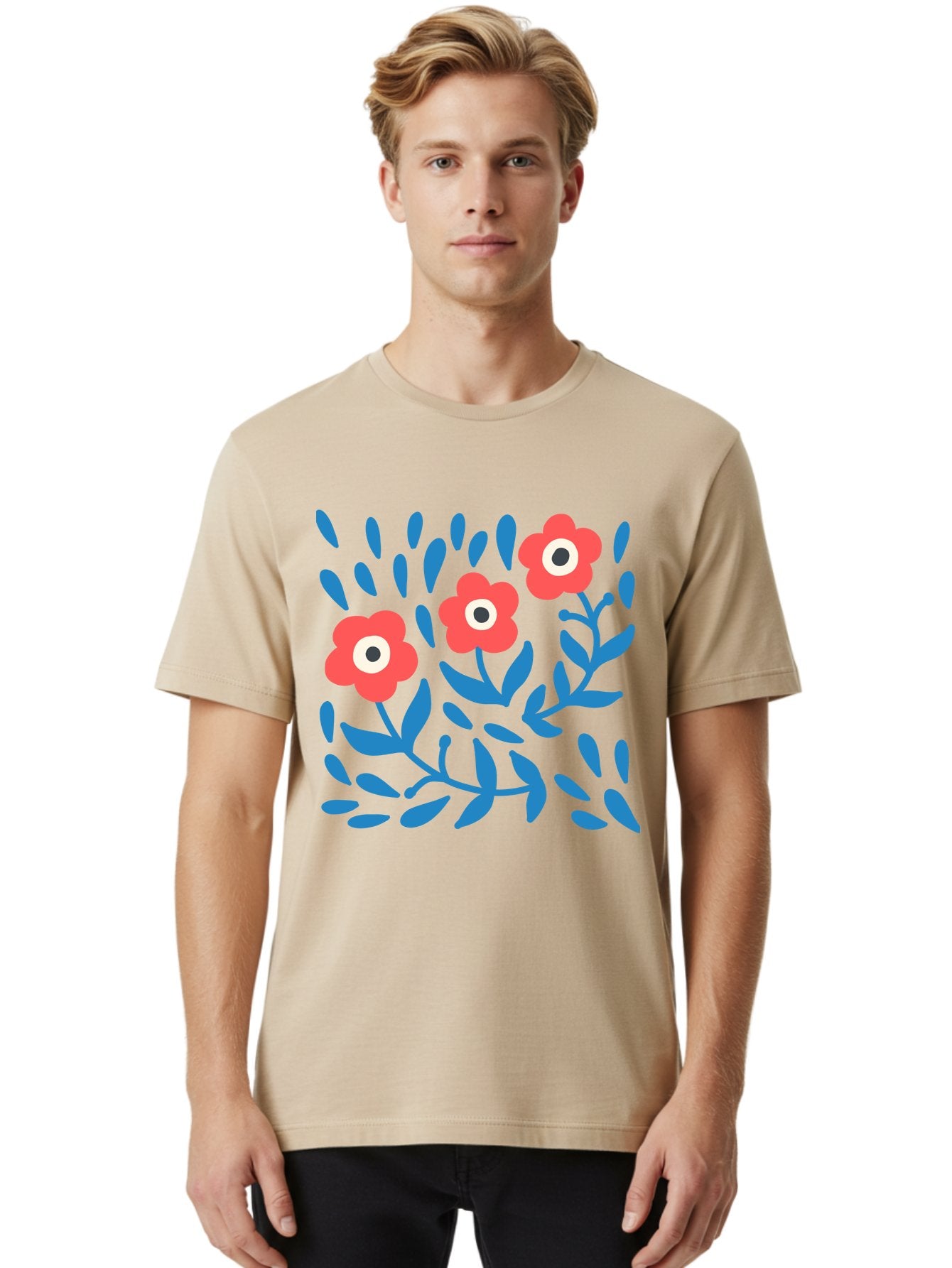 Three-Red-Flowers Men'S Graphic Tee, 100% Cotton, Comfortable Casual Summer Wear, Machine Washable, Red Flowers, Blue Leaves, Floral Pattern, Abstract Design, Minimalist Art, Vibrant Colors, Playful Style, Whimsical Illustration, Spring Theme, Aab804 29