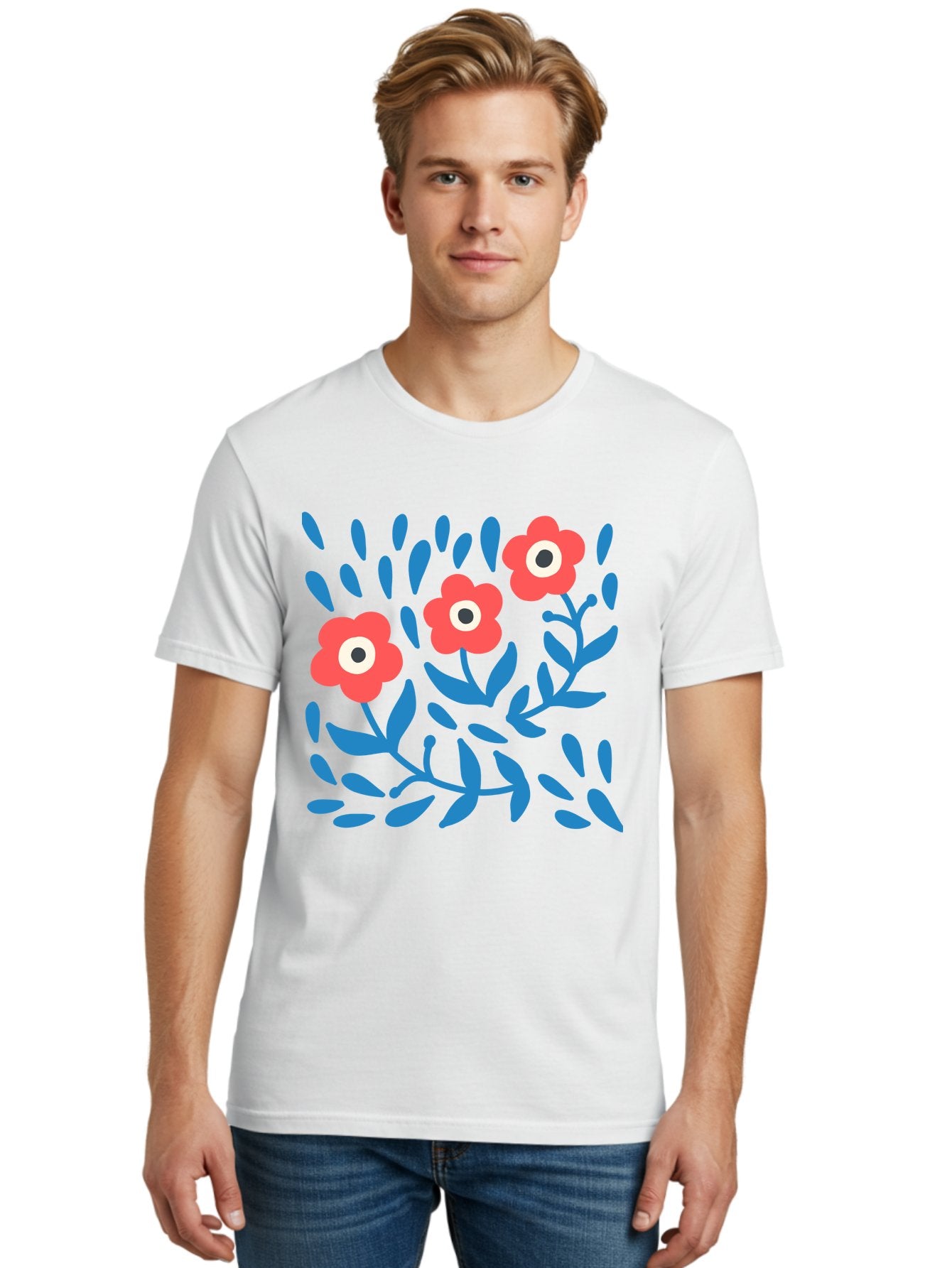 Three-Red-Flowers Men'S Graphic Tee, 100% Cotton, Comfortable Casual Summer Wear, Machine Washable, Red Flowers, Blue Leaves, Floral Pattern, Abstract Design, Minimalist Art, Vibrant Colors, Playful Style, Whimsical Illustration, Spring Theme, Aab804 23