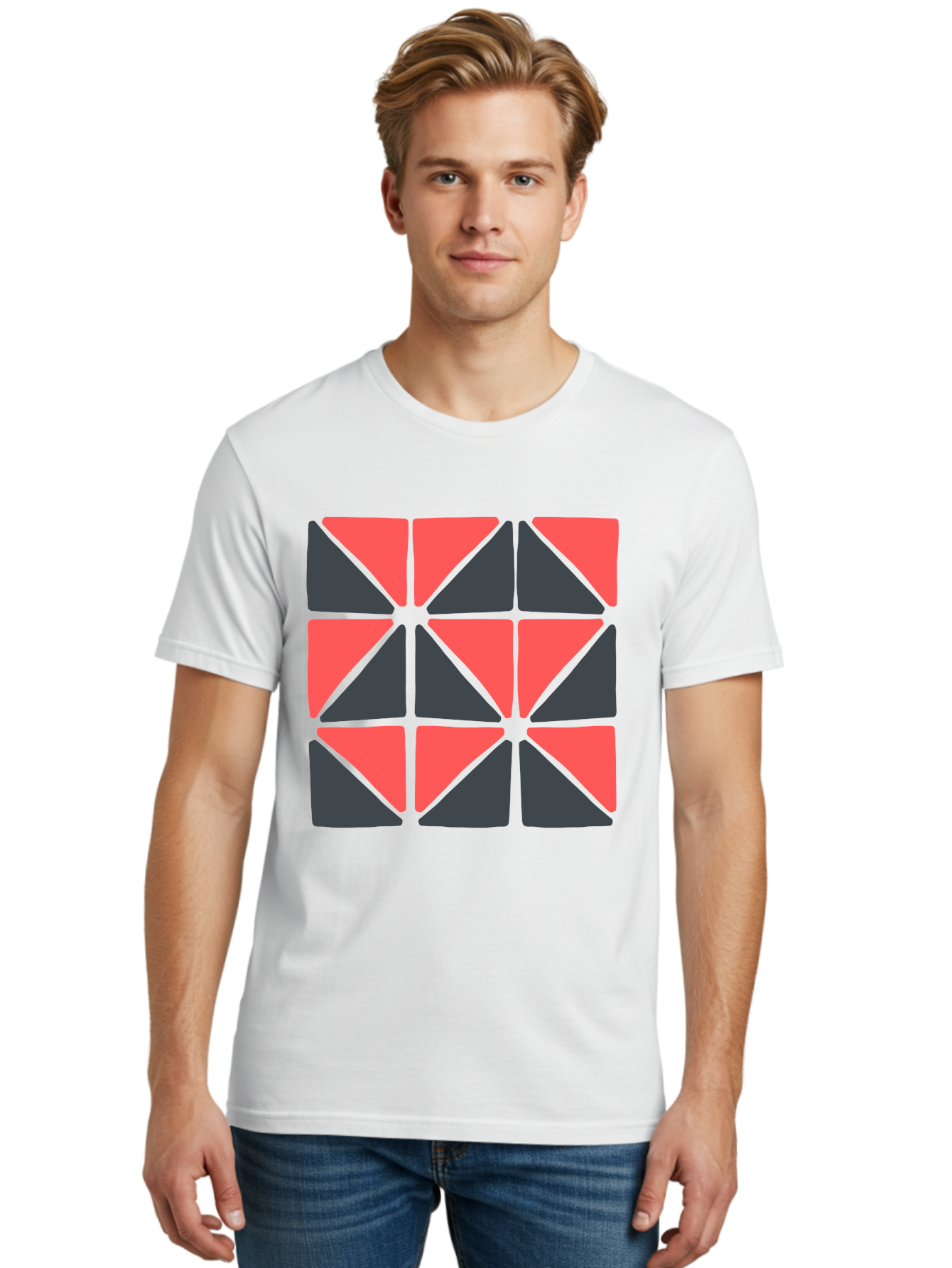 Triangles-Pattern Men'S Graphic Tee, 100% Cotton, Comfortable Casual Summer Wear, Machine Washable, Geometric Pattern, Pink And Gray Triangles, Modern Design, Abstract Art, Symmetrical Shapes, Graphic Elements, Digital Design Aab806 8