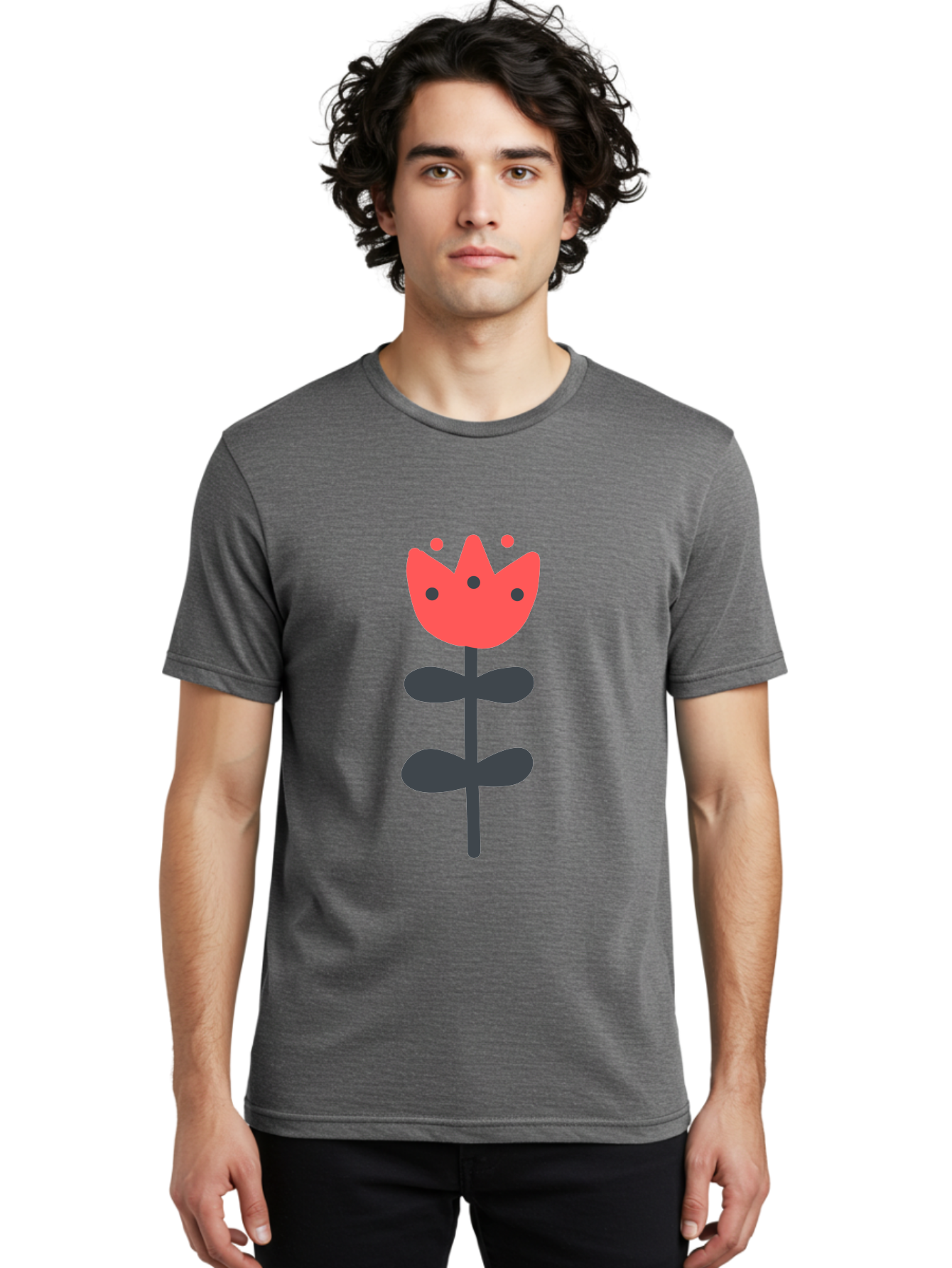 Tulip-1 Men'S Graphic Tee, 100% Cotton, Comfortable Casual Summer Wear, Machine Washable, Stylized Tulip, Cartoon Flower, Simple Design, Minimalist Art, Floral Illustration, Red Petals, Black Leaves, Cute Graphics, Modern Iconography, Aab808 22