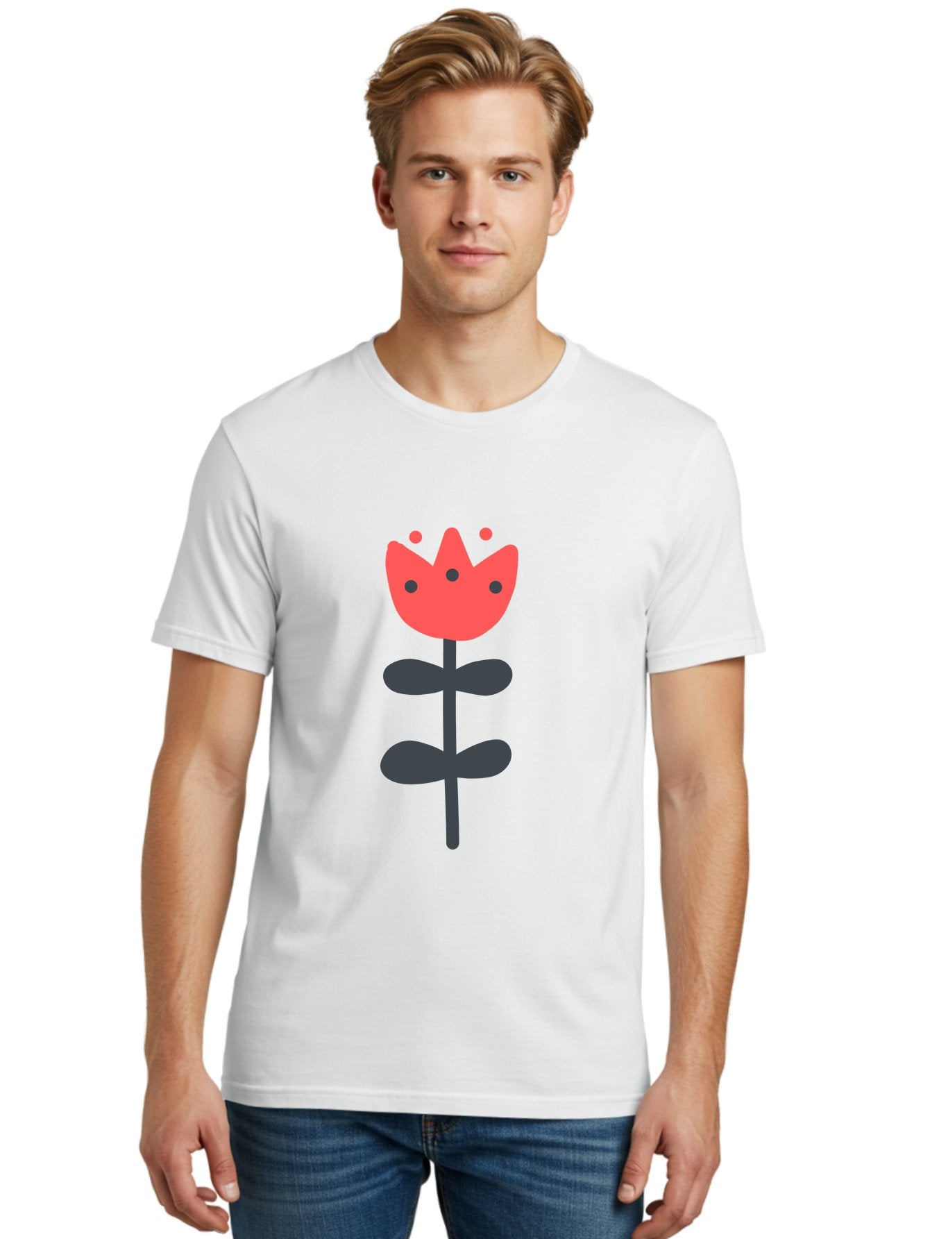 Tulip-1 Men'S Graphic Tee, 100% Cotton, Comfortable Casual Summer Wear, Machine Washable, Stylized Tulip, Cartoon Flower, Simple Design, Minimalist Art, Floral Illustration, Red Petals, Black Leaves, Cute Graphics, Modern Iconography, Aab808 17