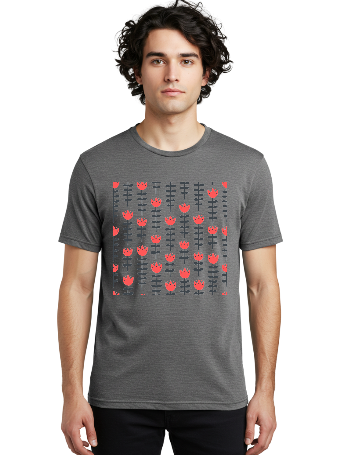 Tulip-Pattern-1 Men'S Graphic Tee, 100% Cotton, Comfortable Casual Summer Wear, Machine Washable, Tulip Pattern, Red Tulips, Black Stems, Floral Design, Repeating Pattern, Minimalist Style, Botanical Print, Wallpaper, Textile Design, Aab810 28
