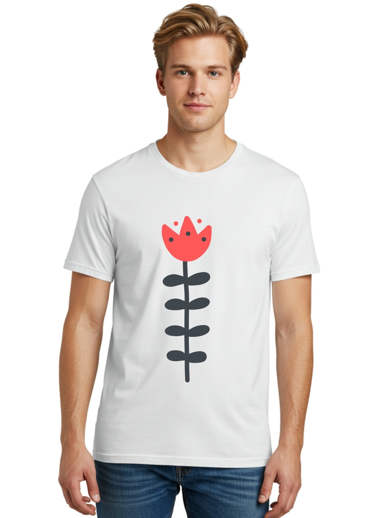 Tulip Men'S Graphic Tee, 100% Cotton, Comfortable Casual Summer Wear, Machine Washable, Red Tulip, Simple Flower, Minimalist Design, Floral Illustration, Cute Cartoon Flower, Vibrant Red Petals, Simple Stem, Black Leaves Aab812 26