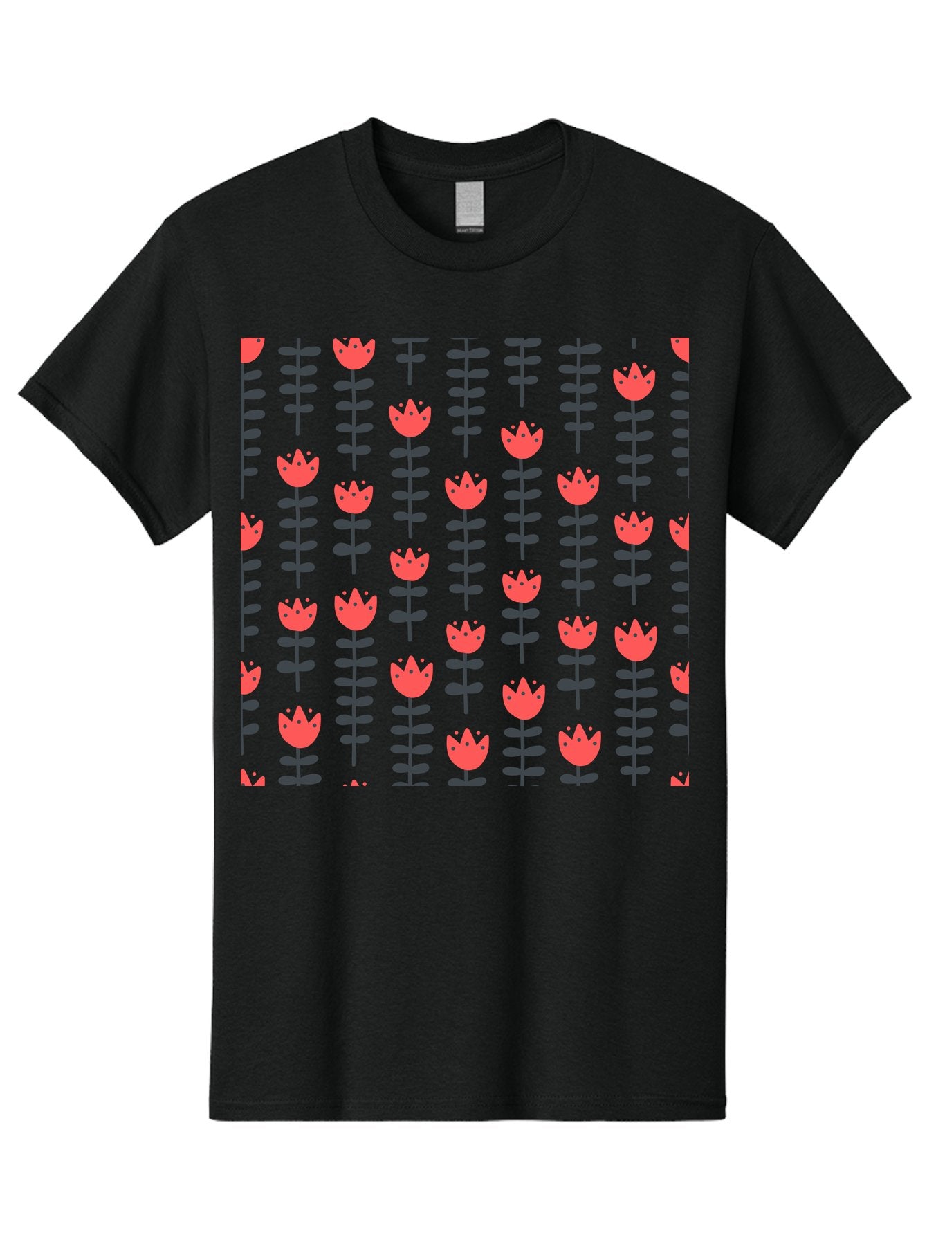 Tulips-Pattern Men'S Graphic Tee, 100% Cotton, Comfortable Casual Summer Wear, Machine Washable, Red Flowers, Green Stems, Floral Design, Repeating Pattern, Cartoon Style, Simple Shapes, Whimsical Art, Playful Graphics, Minimalist Decor Aab813 5