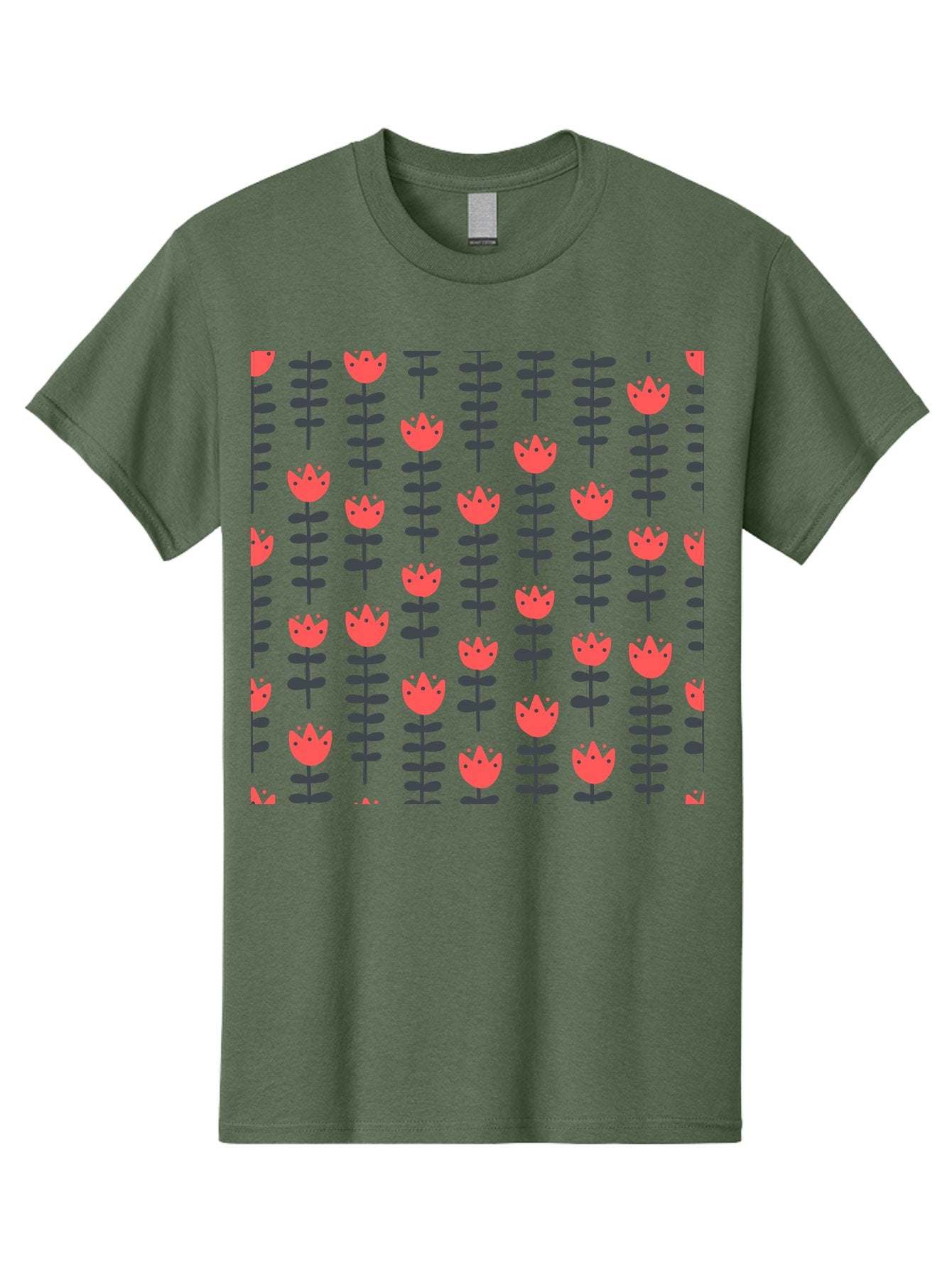Tulips-Pattern Men'S Graphic Tee, 100% Cotton, Comfortable Casual Summer Wear, Machine Washable, Red Flowers, Green Stems, Floral Design, Repeating Pattern, Cartoon Style, Simple Shapes, Whimsical Art, Playful Graphics, Minimalist Decor Aab813 6
