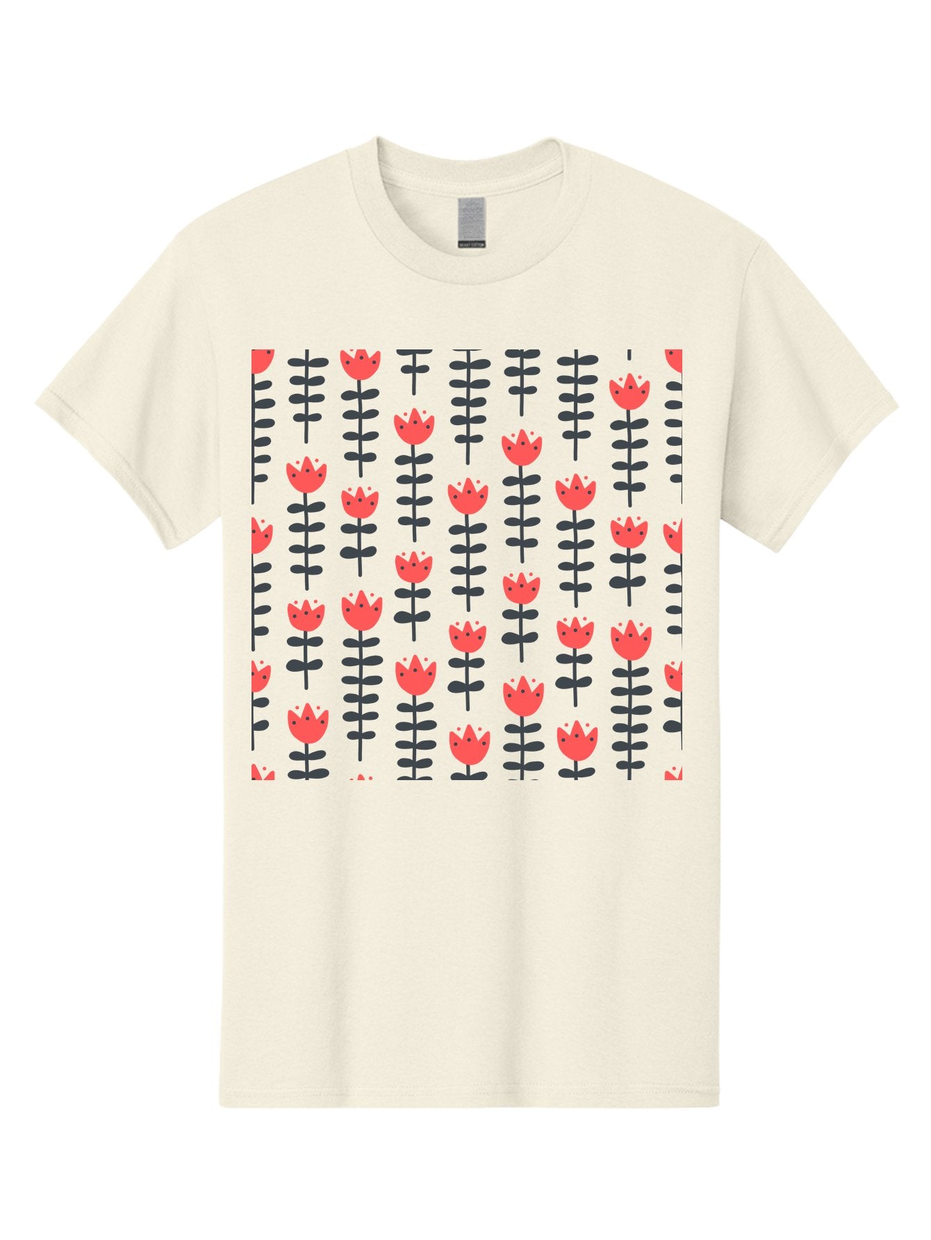 Tulips-Pattern Men'S Graphic Tee, 100% Cotton, Comfortable Casual Summer Wear, Machine Washable, Red Flowers, Green Stems, Floral Design, Repeating Pattern, Cartoon Style, Simple Shapes, Whimsical Art, Playful Graphics, Minimalist Decor Aab813 4