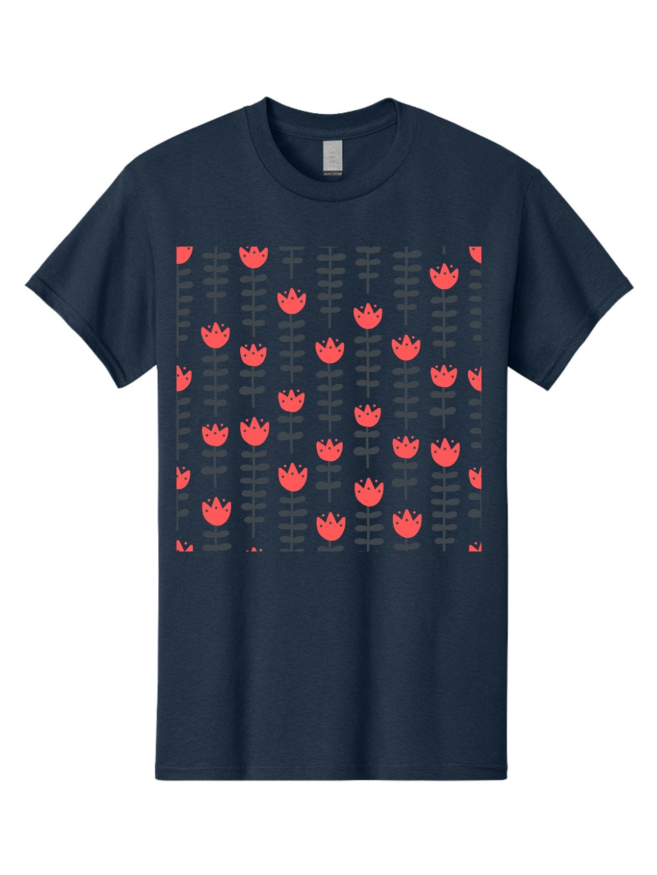Tulips-Pattern Men'S Graphic Tee, 100% Cotton, Comfortable Casual Summer Wear, Machine Washable, Red Flowers, Green Stems, Floral Design, Repeating Pattern, Cartoon Style, Simple Shapes, Whimsical Art, Playful Graphics, Minimalist Decor Aab813 3
