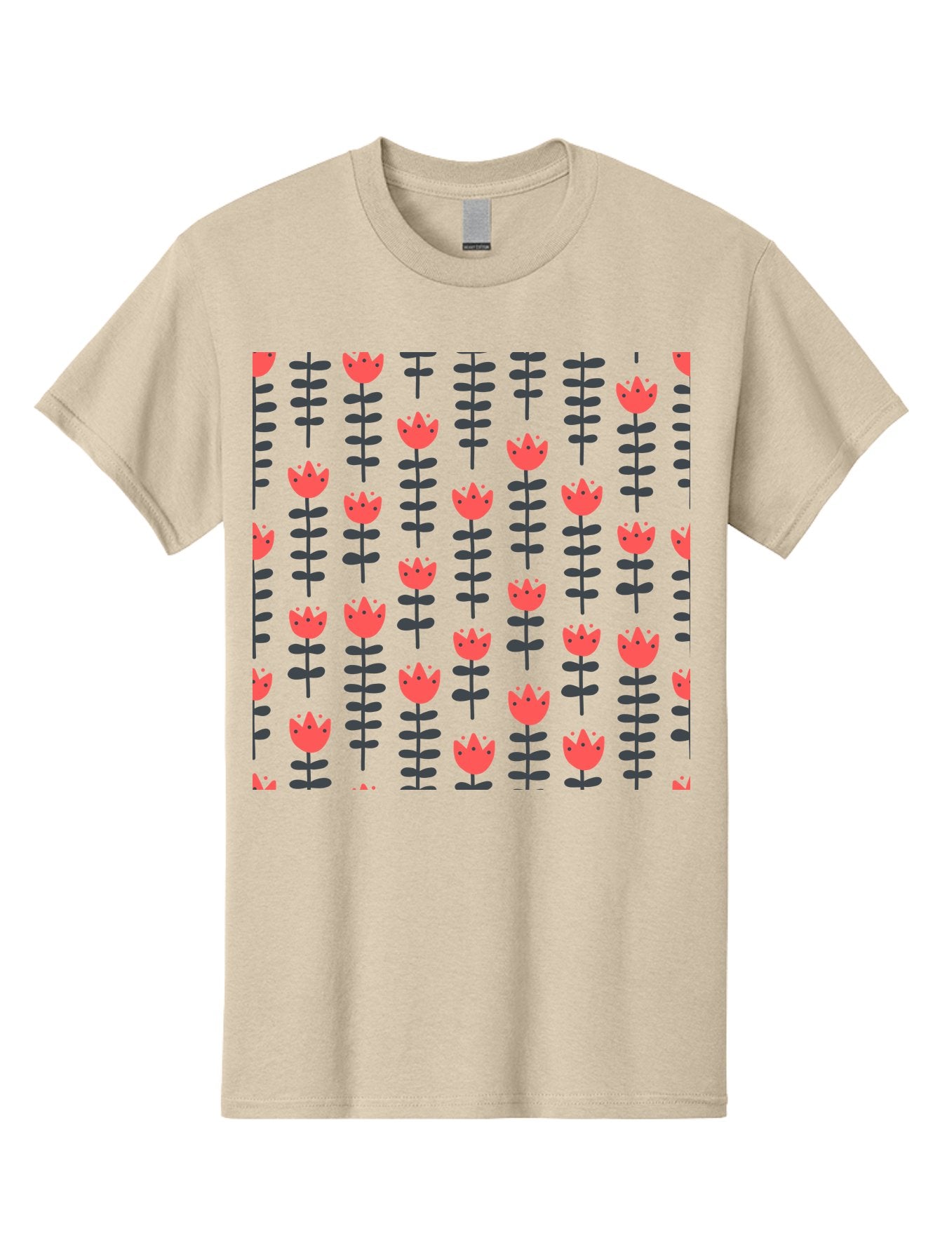 Tulips-Pattern Men'S Graphic Tee, 100% Cotton, Comfortable Casual Summer Wear, Machine Washable, Red Flowers, Green Stems, Floral Design, Repeating Pattern, Cartoon Style, Simple Shapes, Whimsical Art, Playful Graphics, Minimalist Decor Aab813