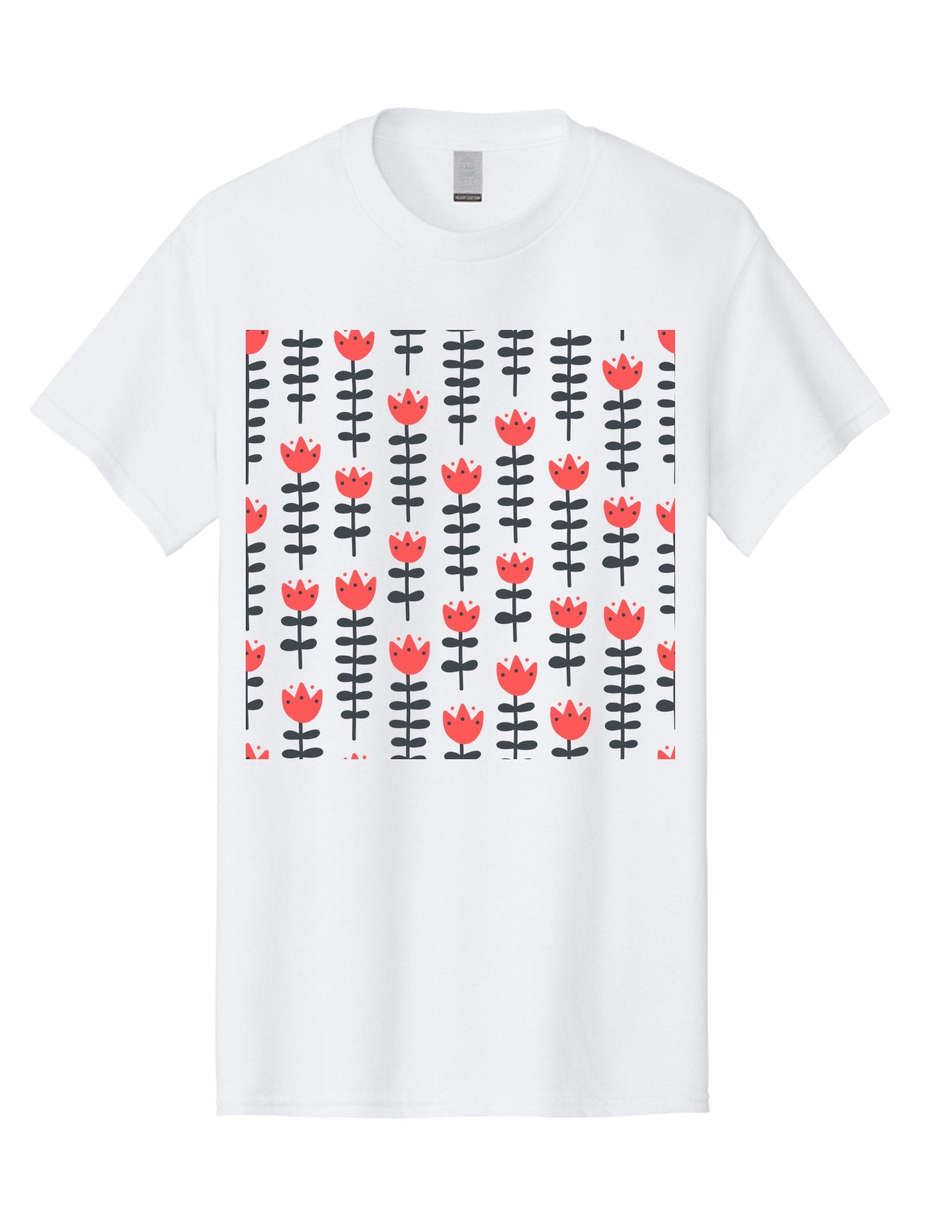 Tulips-Pattern Men'S Graphic Tee, 100% Cotton, Comfortable Casual Summer Wear, Machine Washable, Red Flowers, Green Stems, Floral Design, Repeating Pattern, Cartoon Style, Simple Shapes, Whimsical Art, Playful Graphics, Minimalist Decor Aab813