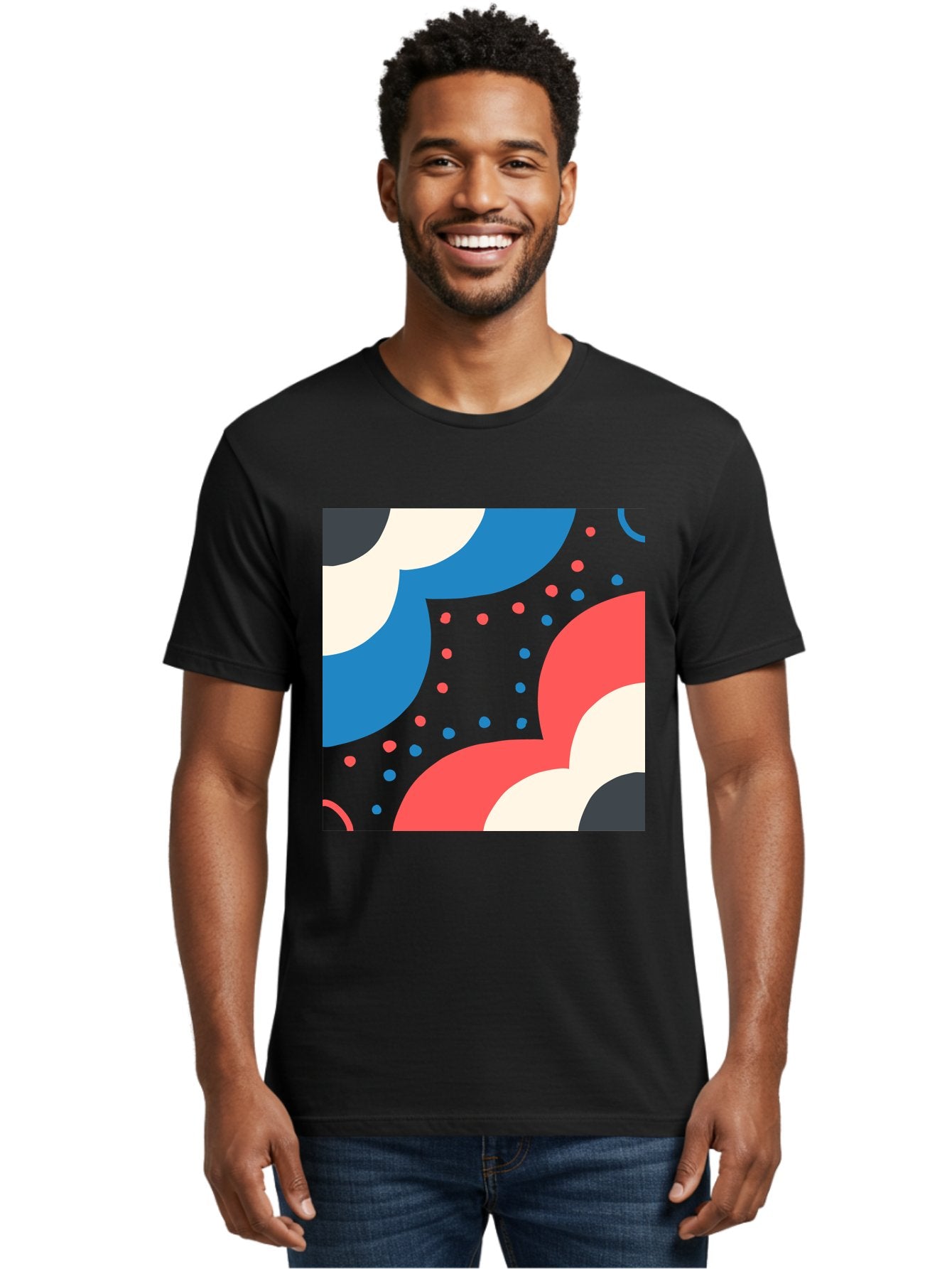 Vibrant-Dots-Pattern Men'S Graphic Tee, 100% Cotton, Comfortable Casual Summer Wear, Machine Washable, Colorful Abstract Pattern, Vibrant Shapes, Blue, Red, Pink, White, Black, Geometric Design, Playful Artwork, Modern Graphic, Trendy Colors, Aab815 28