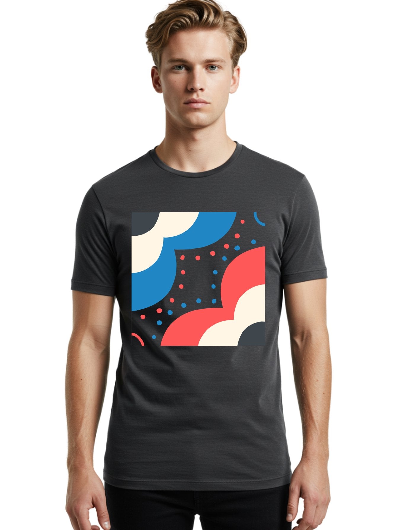 Vibrant-Dots-Pattern Men'S Graphic Tee, 100% Cotton, Comfortable Casual Summer Wear, Machine Washable, Colorful Abstract Pattern, Vibrant Shapes, Blue, Red, Pink, White, Black, Geometric Design, Playful Artwork, Modern Graphic, Trendy Colors, Aab815 22