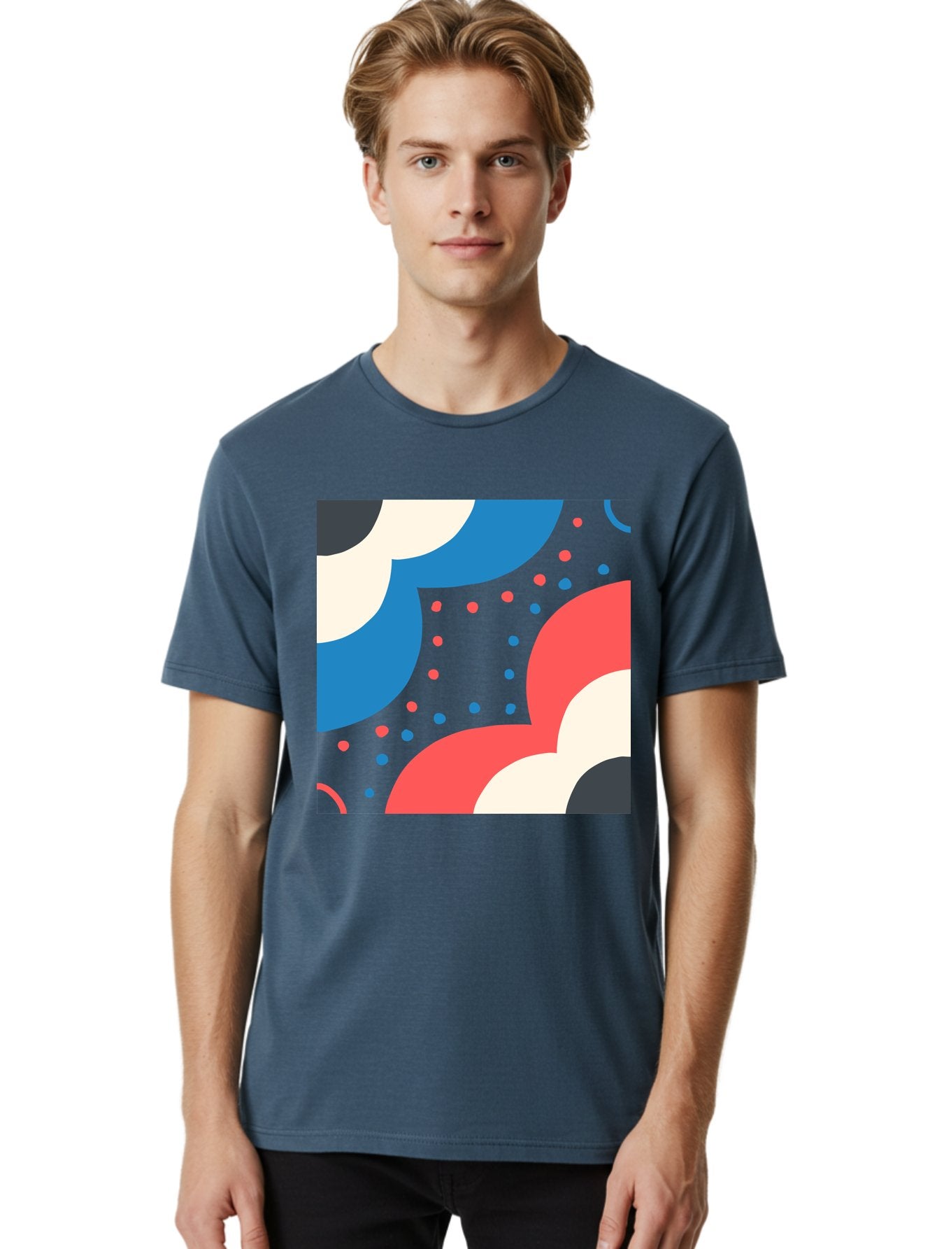 Vibrant-Dots-Pattern Men'S Graphic Tee, 100% Cotton, Comfortable Casual Summer Wear, Machine Washable, Colorful Abstract Pattern, Vibrant Shapes, Blue, Red, Pink, White, Black, Geometric Design, Playful Artwork, Modern Graphic, Trendy Colors, Aab815 23