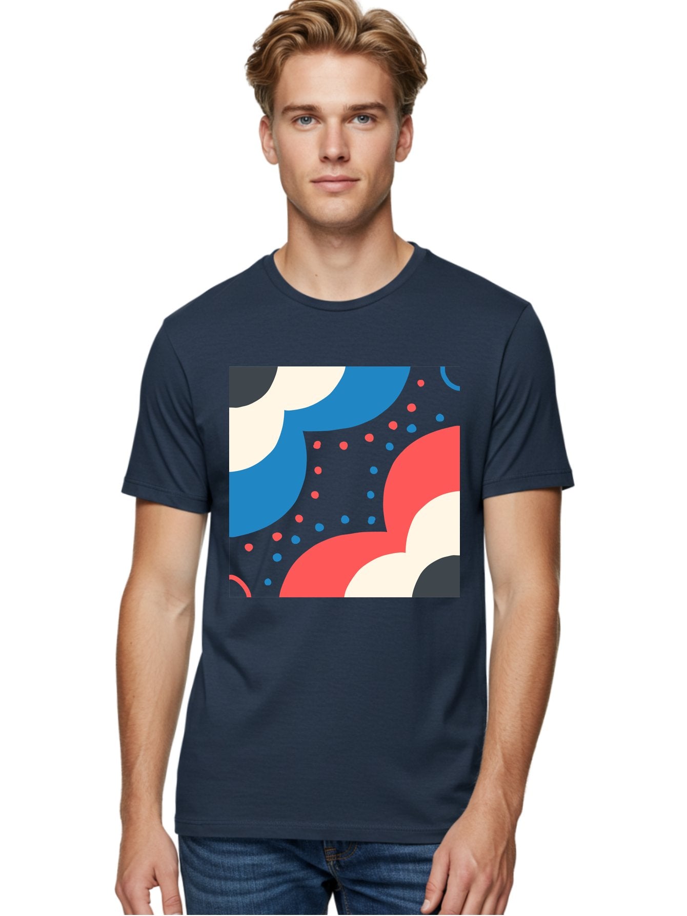 Vibrant-Dots-Pattern Men'S Graphic Tee, 100% Cotton, Comfortable Casual Summer Wear, Machine Washable, Colorful Abstract Pattern, Vibrant Shapes, Blue, Red, Pink, White, Black, Geometric Design, Playful Artwork, Modern Graphic, Trendy Colors, Aab815 26