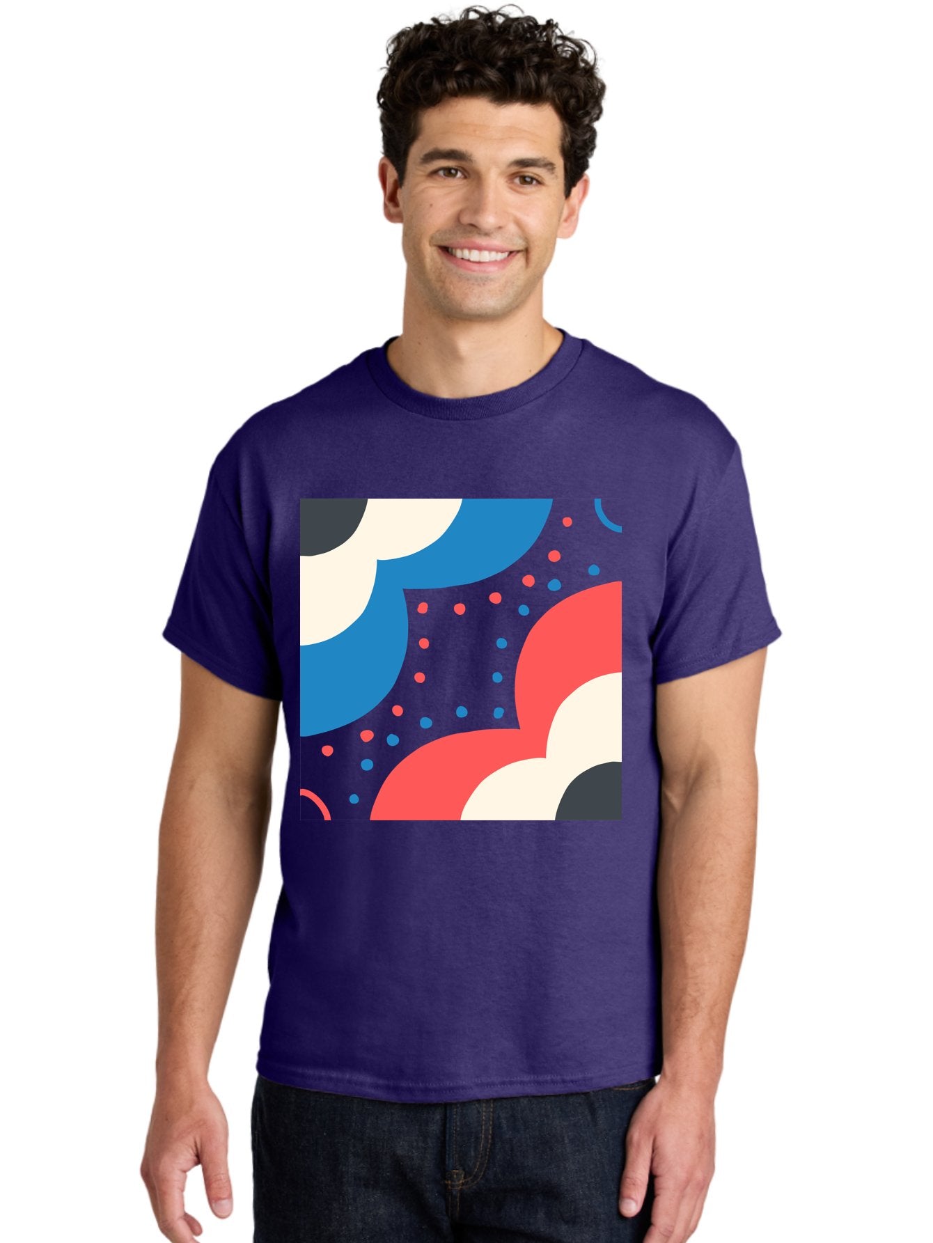Vibrant-Dots-Pattern Men'S Graphic Tee, 100% Cotton, Comfortable Casual Summer Wear, Machine Washable, Colorful Abstract Pattern, Vibrant Shapes, Blue, Red, Pink, White, Black, Geometric Design, Playful Artwork, Modern Graphic, Trendy Colors, Aab815 25