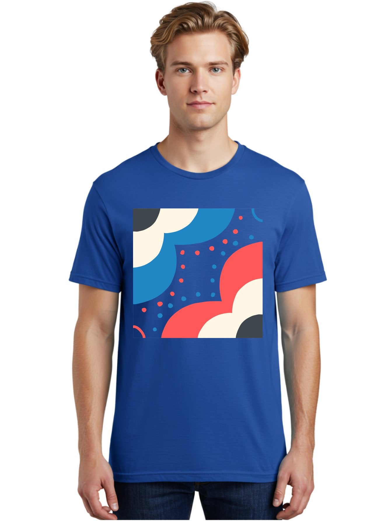 Vibrant-Dots-Pattern Men'S Graphic Tee, 100% Cotton, Comfortable Casual Summer Wear, Machine Washable, Colorful Abstract Pattern, Vibrant Shapes, Blue, Red, Pink, White, Black, Geometric Design, Playful Artwork, Modern Graphic, Trendy Colors, Aab815 24