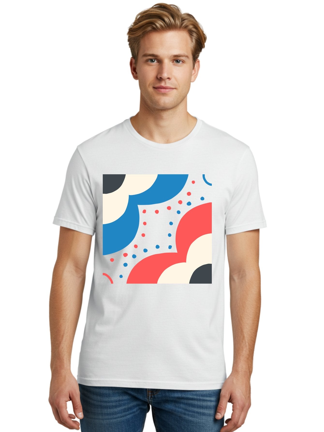 Vibrant-Dots-Pattern Men'S Graphic Tee, 100% Cotton, Comfortable Casual Summer Wear, Machine Washable, Colorful Abstract Pattern, Vibrant Shapes, Blue, Red, Pink, White, Black, Geometric Design, Playful Artwork, Modern Graphic, Trendy Colors, Aab815 16