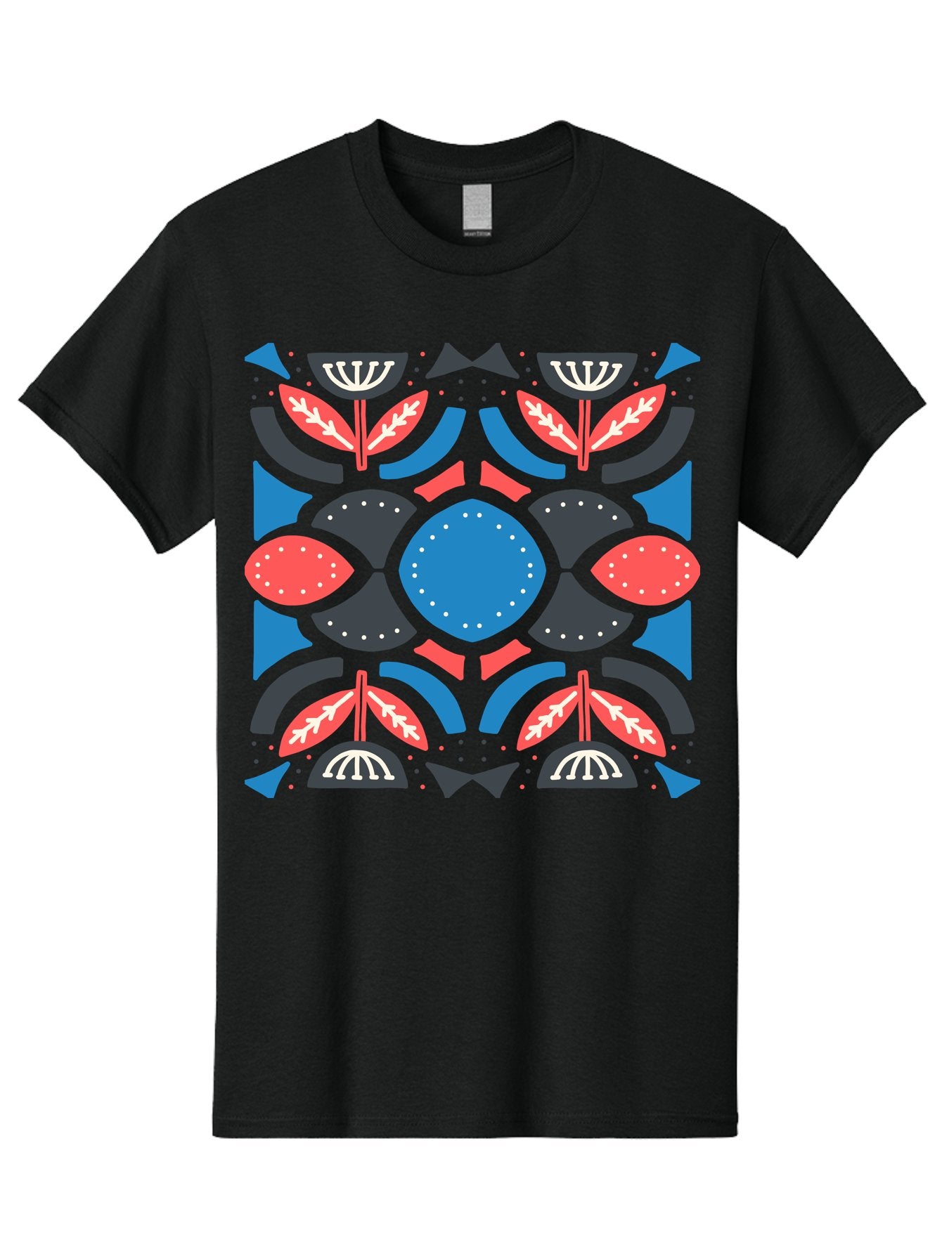 Vibrant-Floral-Pattern Men'S Graphic Tee, 100% Cotton, Comfortable Casual Summer Wear, Machine Washable, Floral Pattern, Geometric Shapes, Blue Center, Red And White Leaves, Black And Gray Accents, Symmetrical Design, Abstract Flowers, Aab816 9