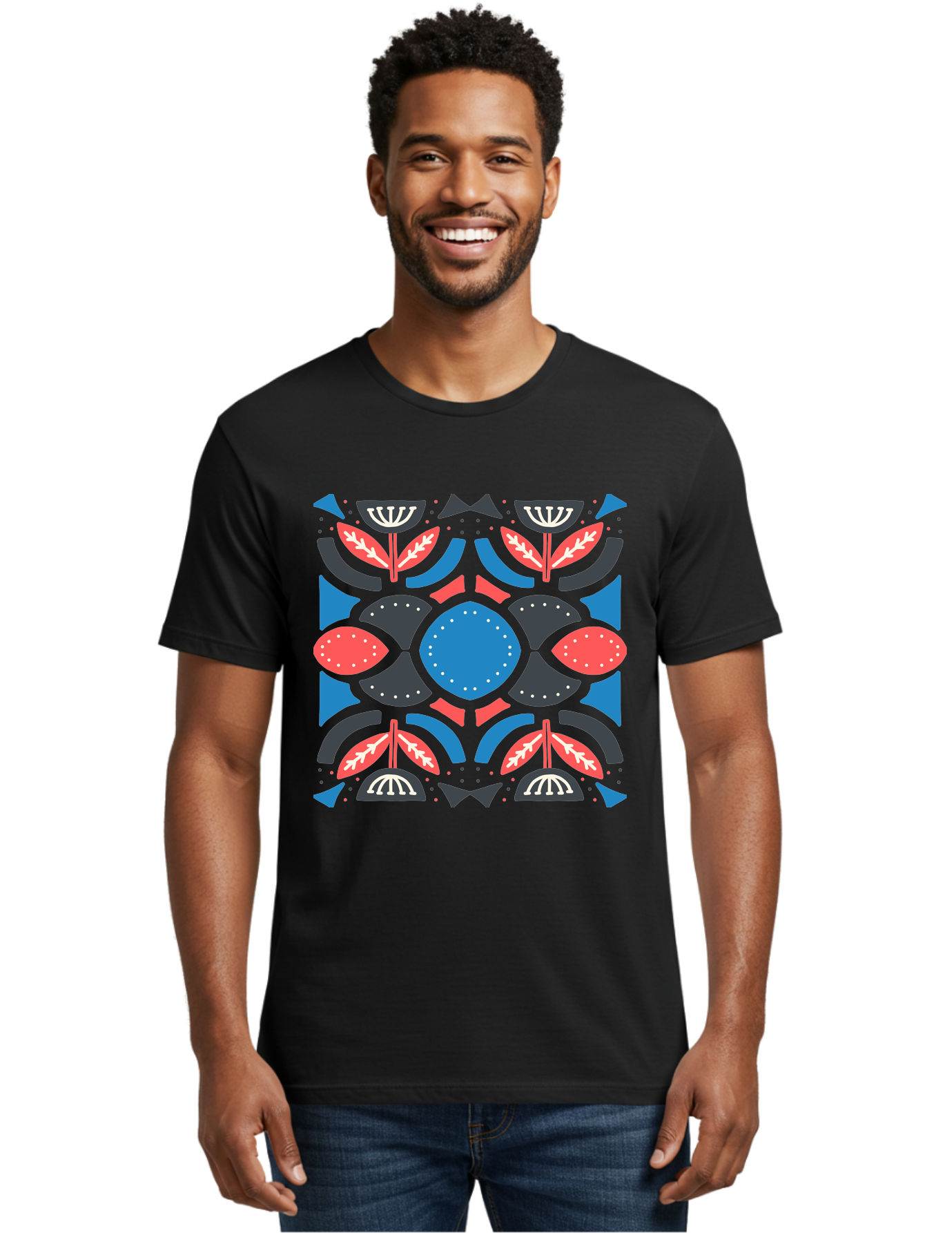 Vibrant-Floral-Pattern Men'S Graphic Tee, 100% Cotton, Comfortable Casual Summer Wear, Machine Washable, Floral Pattern, Geometric Shapes, Blue Center, Red And White Leaves, Black And Gray Accents, Symmetrical Design, Abstract Flowers, Aab816 10