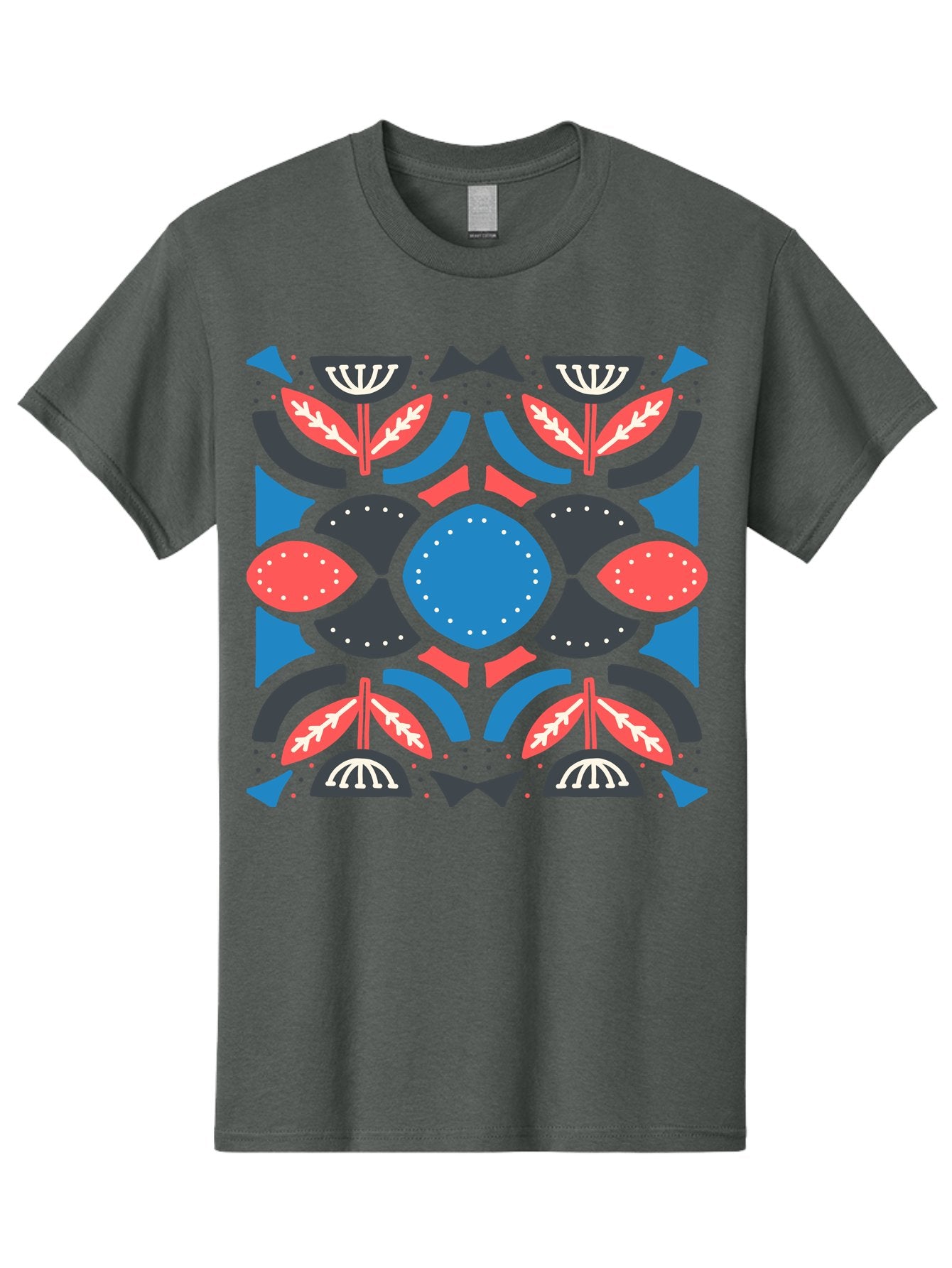 Vibrant-Floral-Pattern Men'S Graphic Tee, 100% Cotton, Comfortable Casual Summer Wear, Machine Washable, Floral Pattern, Geometric Shapes, Blue Center, Red And White Leaves, Black And Gray Accents, Symmetrical Design, Abstract Flowers, Aab816 4